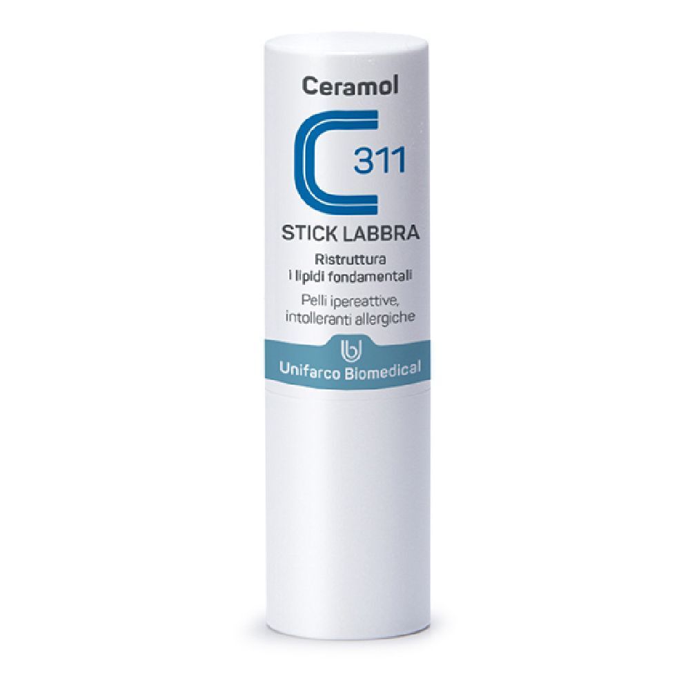 Stick labbra bianco con testo blu e nero. Contiene Ceramol 311, Stick Labbra e Unifarco Biomedical.