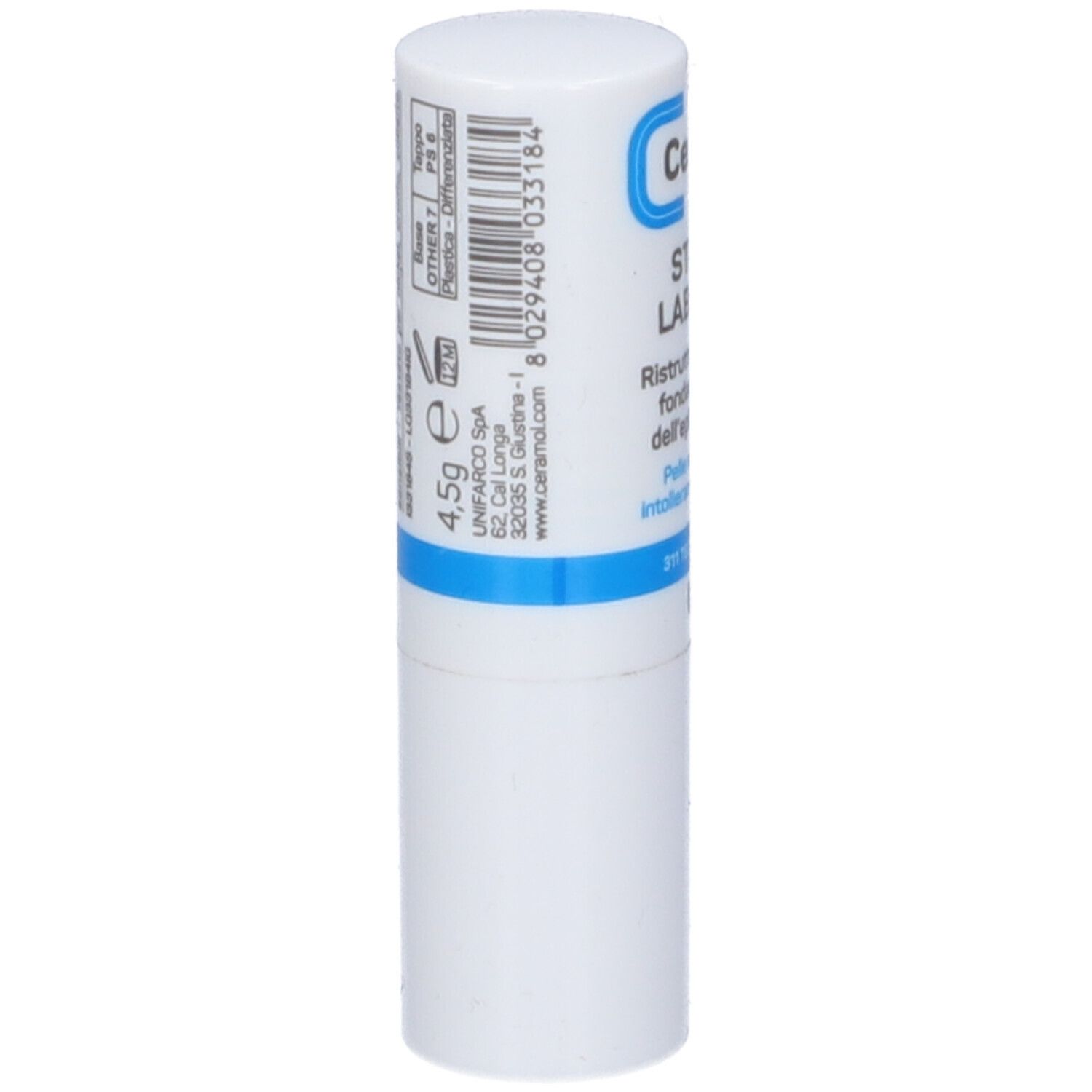 Stick labbra bianco con testo blu e nero. Contiene Ceramol 311, Stick Labbra e 311 TECHNOLOGY.