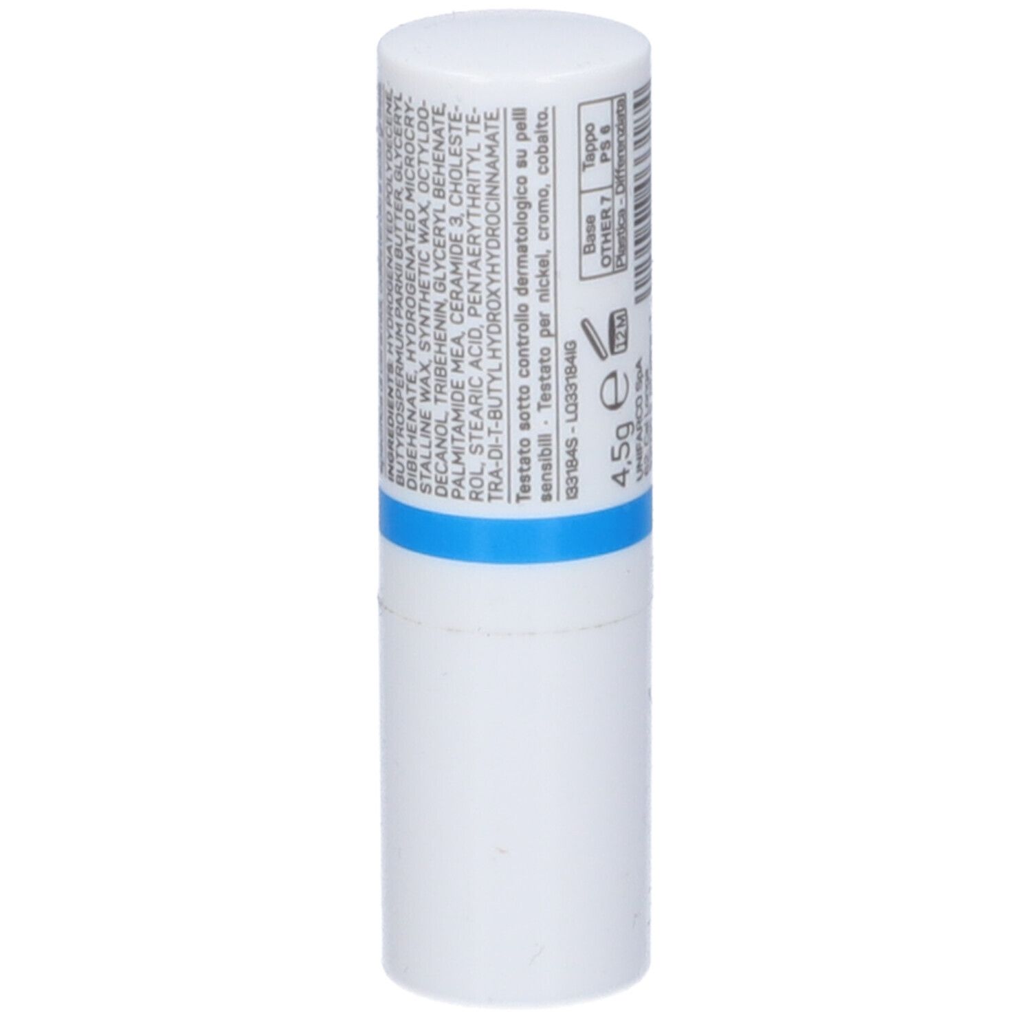 Stick labbra bianco con testo blu e nero. Contiene Ceramol 311, Stick Labbra e 311 TECHNOLOGY.