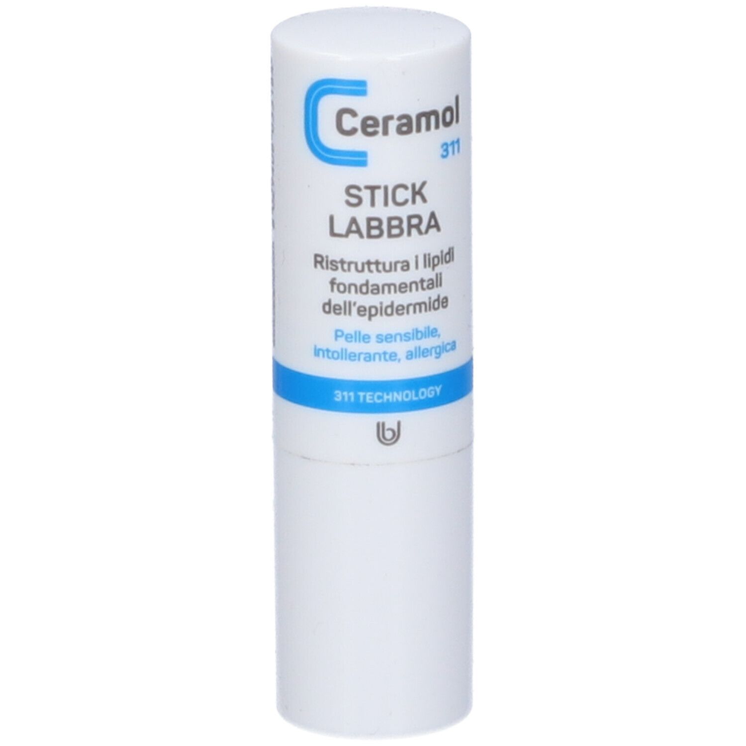 Stick labbra bianco con testo blu e nero. Contiene Ceramol 311, Stick Labbra e 311 TECHNOLOGY.