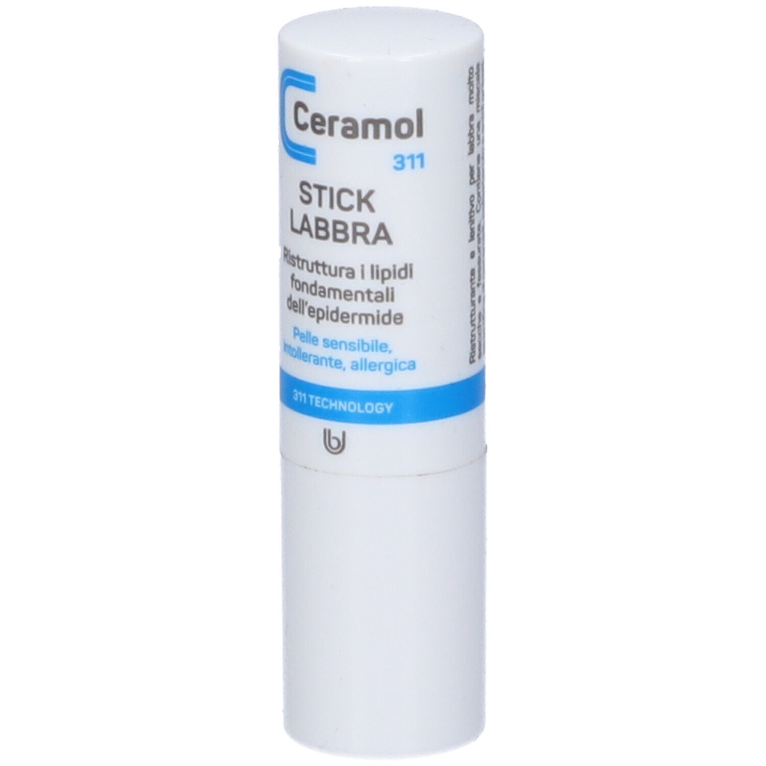 Stick labbra bianco con testo blu e nero. Contiene Ceramol 311, Stick Labbra e 311 TECHNOLOGY.