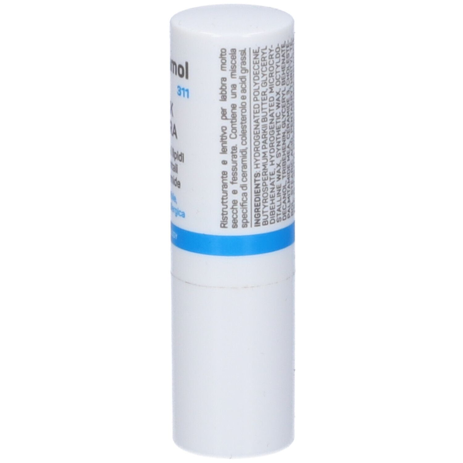 Stick labbra bianco con testo blu e nero. Contiene Ceramol 311, Stick Labbra e 311 TECHNOLOGY.