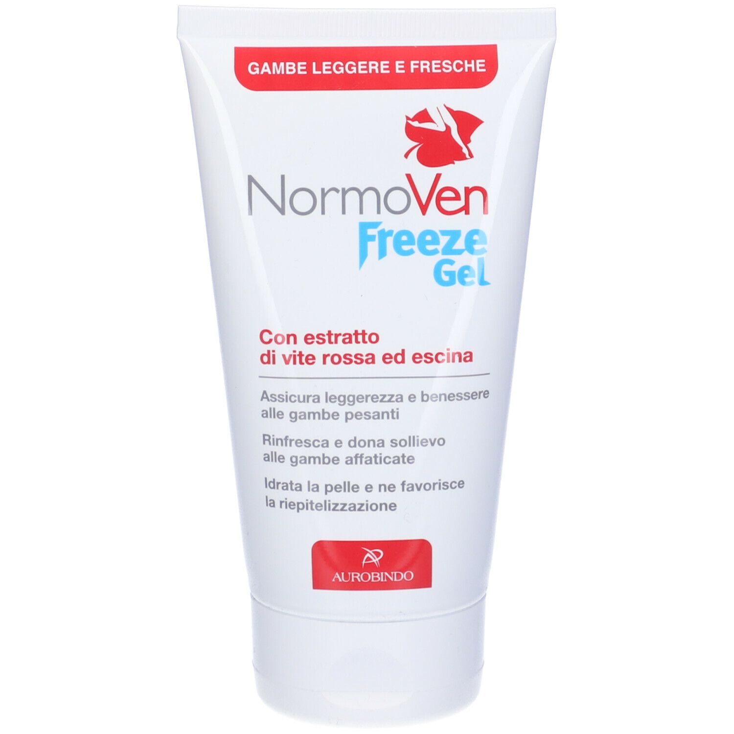 Tubo bianco con NormoVen Freeze Gel. Scritta rossa "Gambe leggere e fresche". Nome del prodotto e logo Aurobindo.