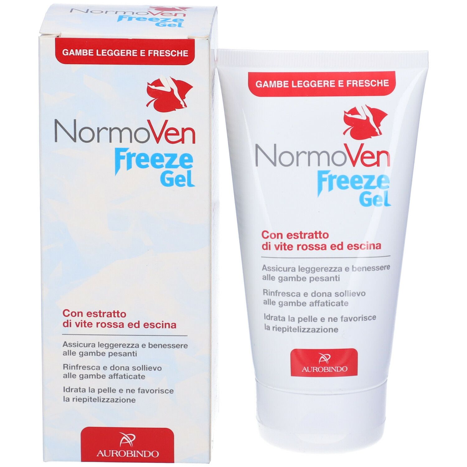 Tubo e scatola NormoVen Freeze Gel. Scritta "Gambe leggere e fresche". Nome del prodotto e logo Aurobindo.