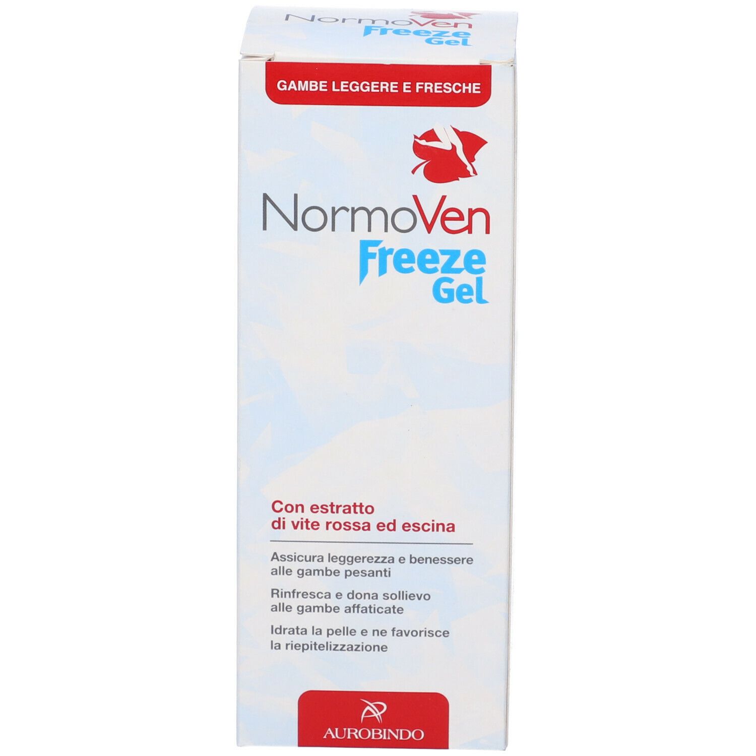 Scatola di NormoVen Freeze Gel. Scritta "Gambe leggere e fresche". Nome del prodotto e logo Aurobindo.