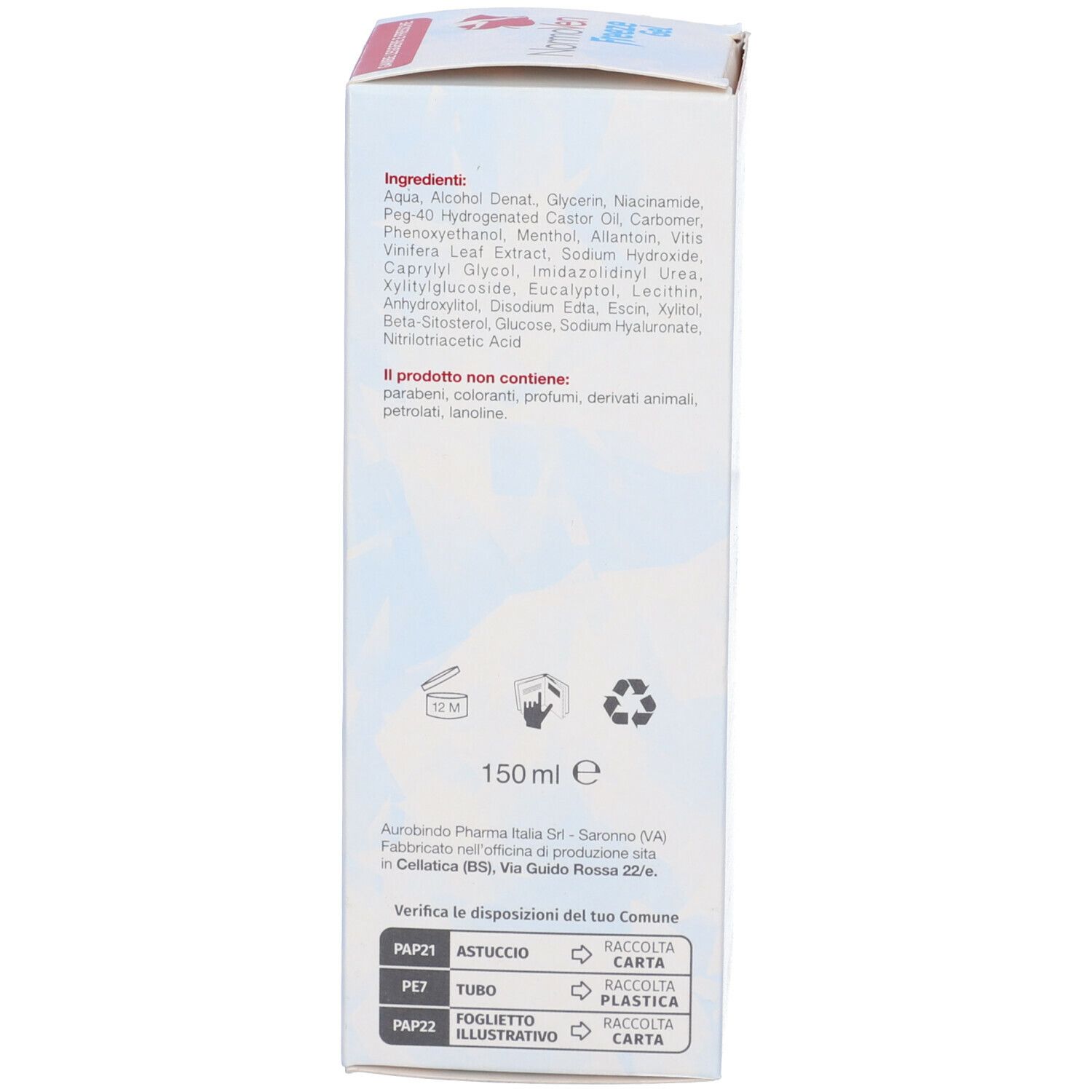 Lato della scatola con ingredienti e informazioni del produttore. 150 ml. Simboli di riciclaggio.