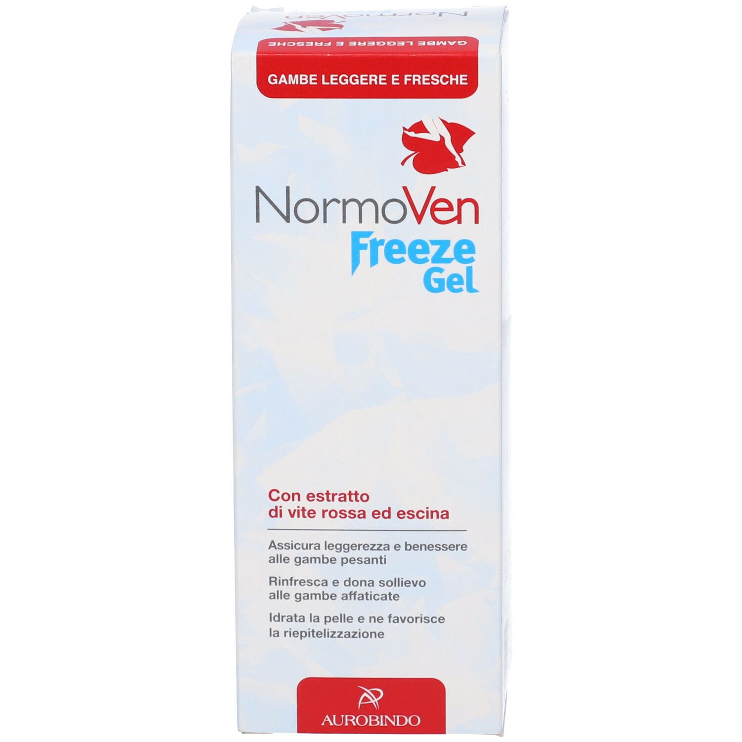 Scatola di NormoVen Freeze Gel. Scritta "Gambe leggere e fresche". Nome del prodotto e logo Aurobindo.