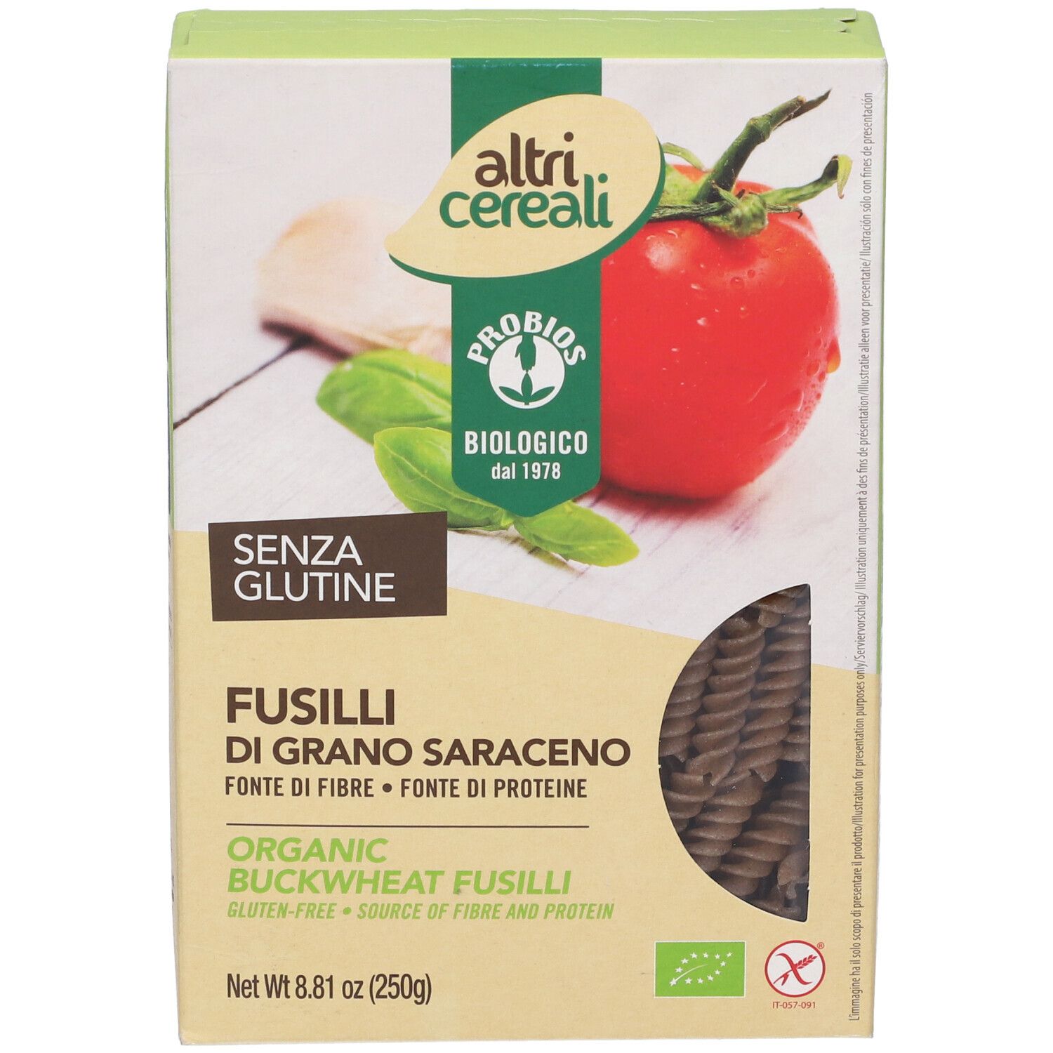 Confezione di fusilli di grano saraceno. Scritte: senza glutine, marchio bio, pomodoro, basilico. Vista laterale.