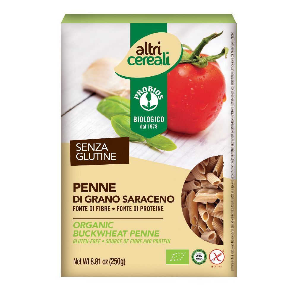 Confezione di Penne di Grano Saraceno Bio. Senza glutine. Pomodoro, basilico e logo. Certificazione biologica.