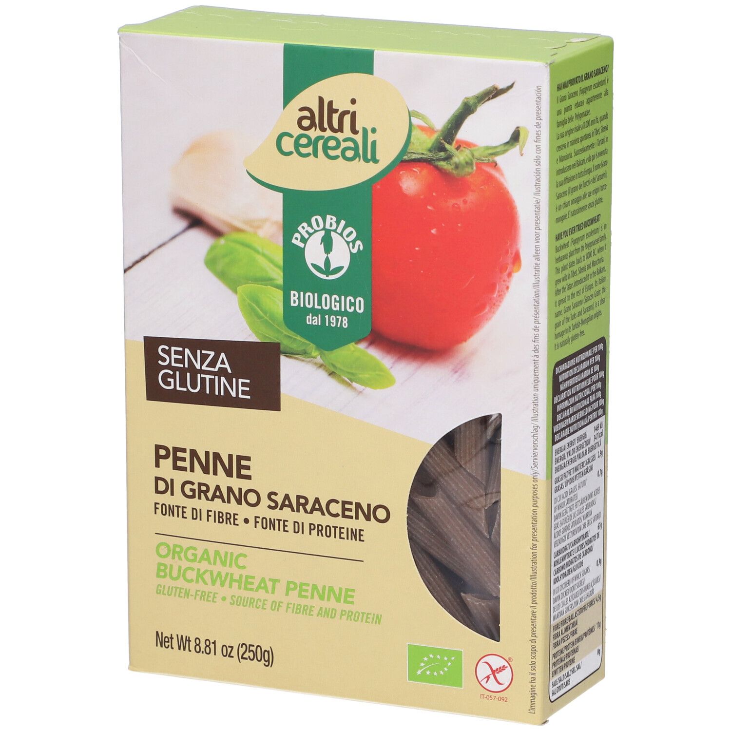 Confezione di Penne di Grano Saraceno Bio. Senza glutine. Illustrazione di pomodoro e basilico. Certificazione biologica.