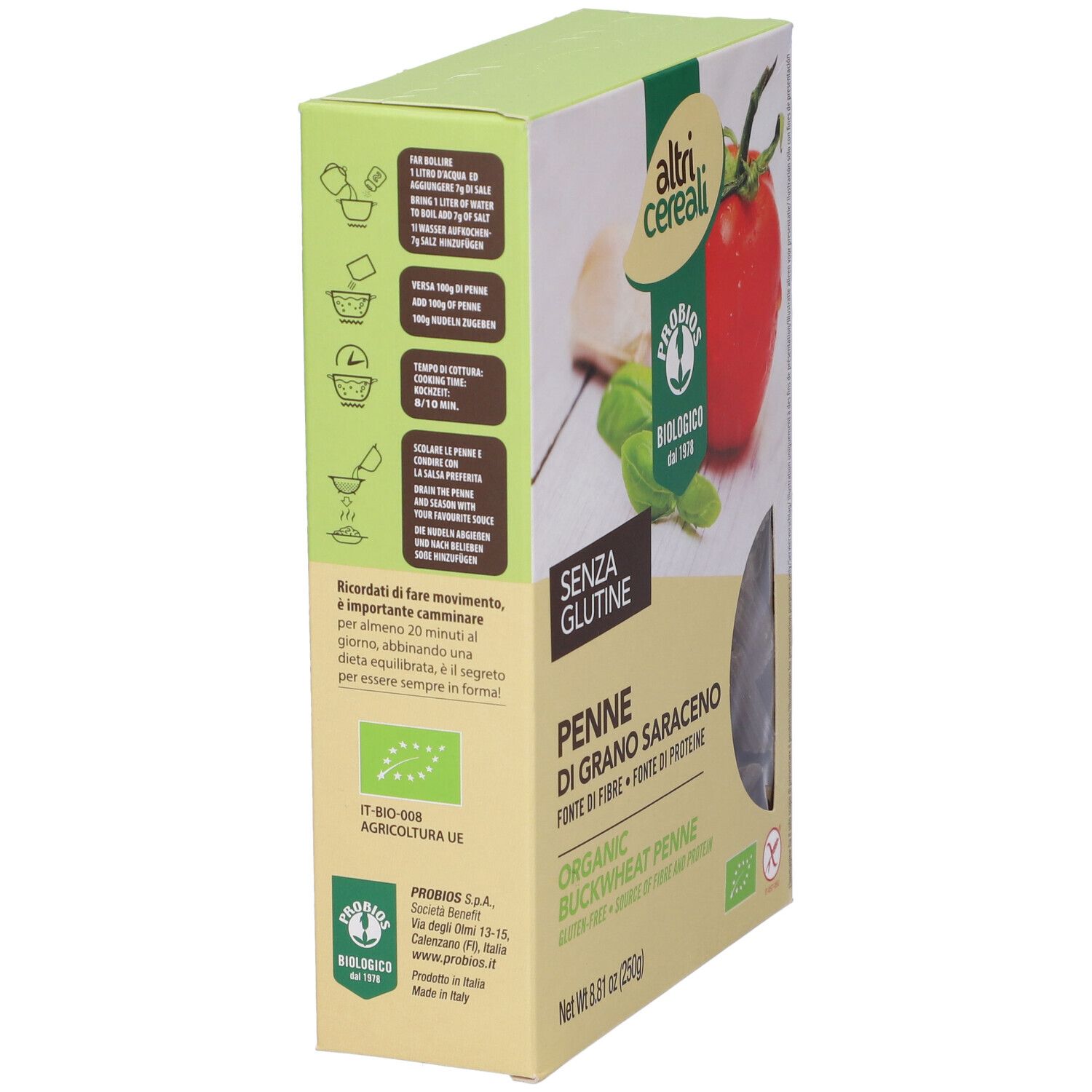 Confezione di Penne di Grano Saraceno Bio, vista laterale. Testo e illustrazioni. Certificazione biologica.