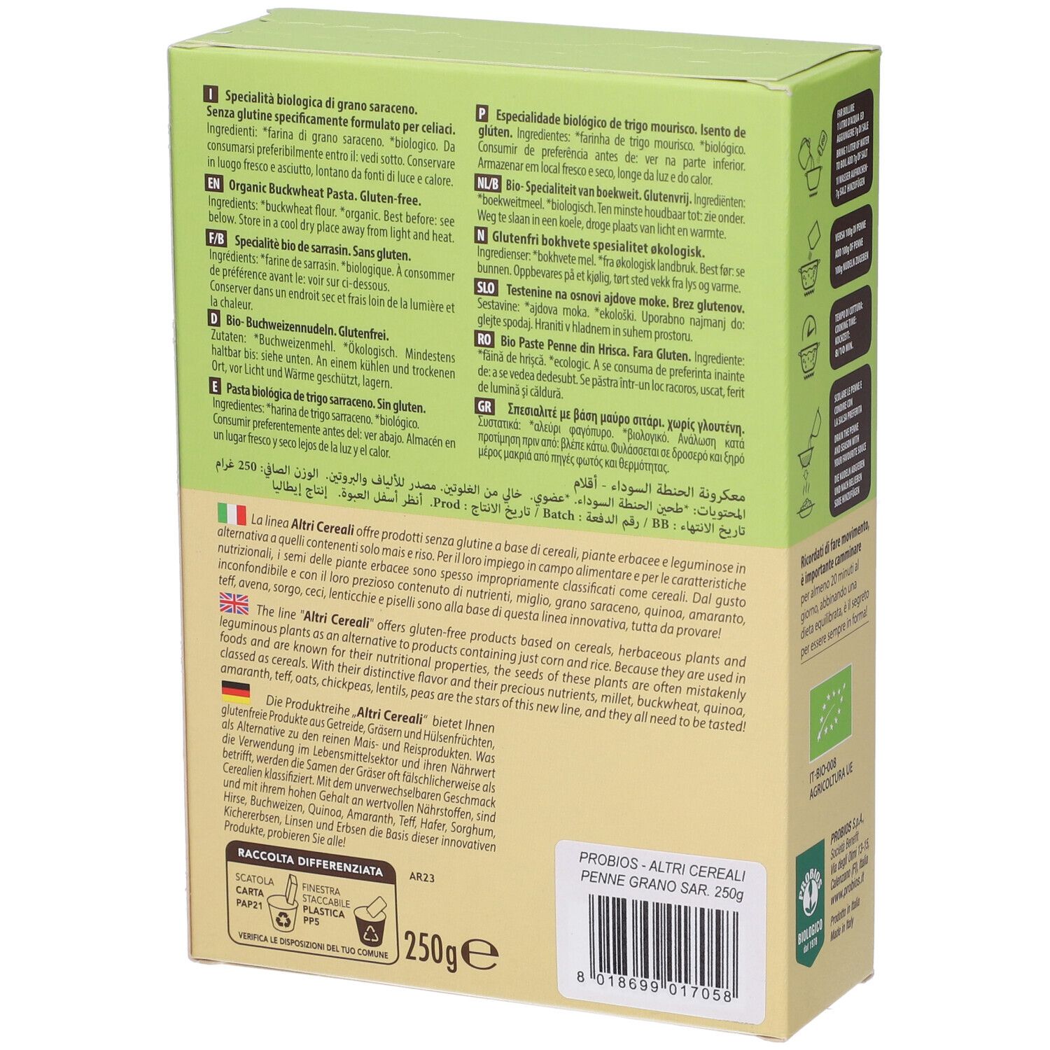 Retro della confezione di Penne di Grano Saraceno Bio. Testo multilingue. Certificazione biologica.