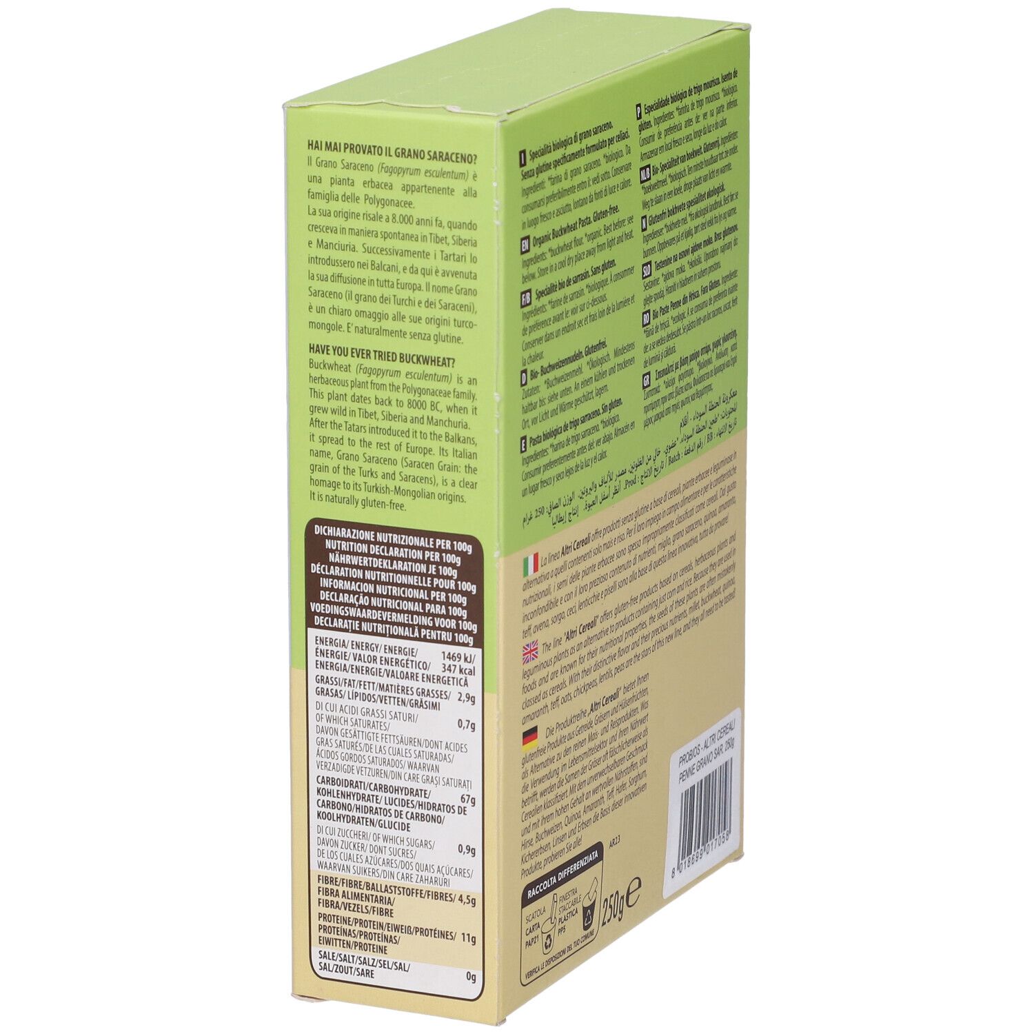 Retro della confezione di Penne di Grano Saraceno Bio. Informazioni nutrizionali. Testo multilingue. Certificazione biologica.