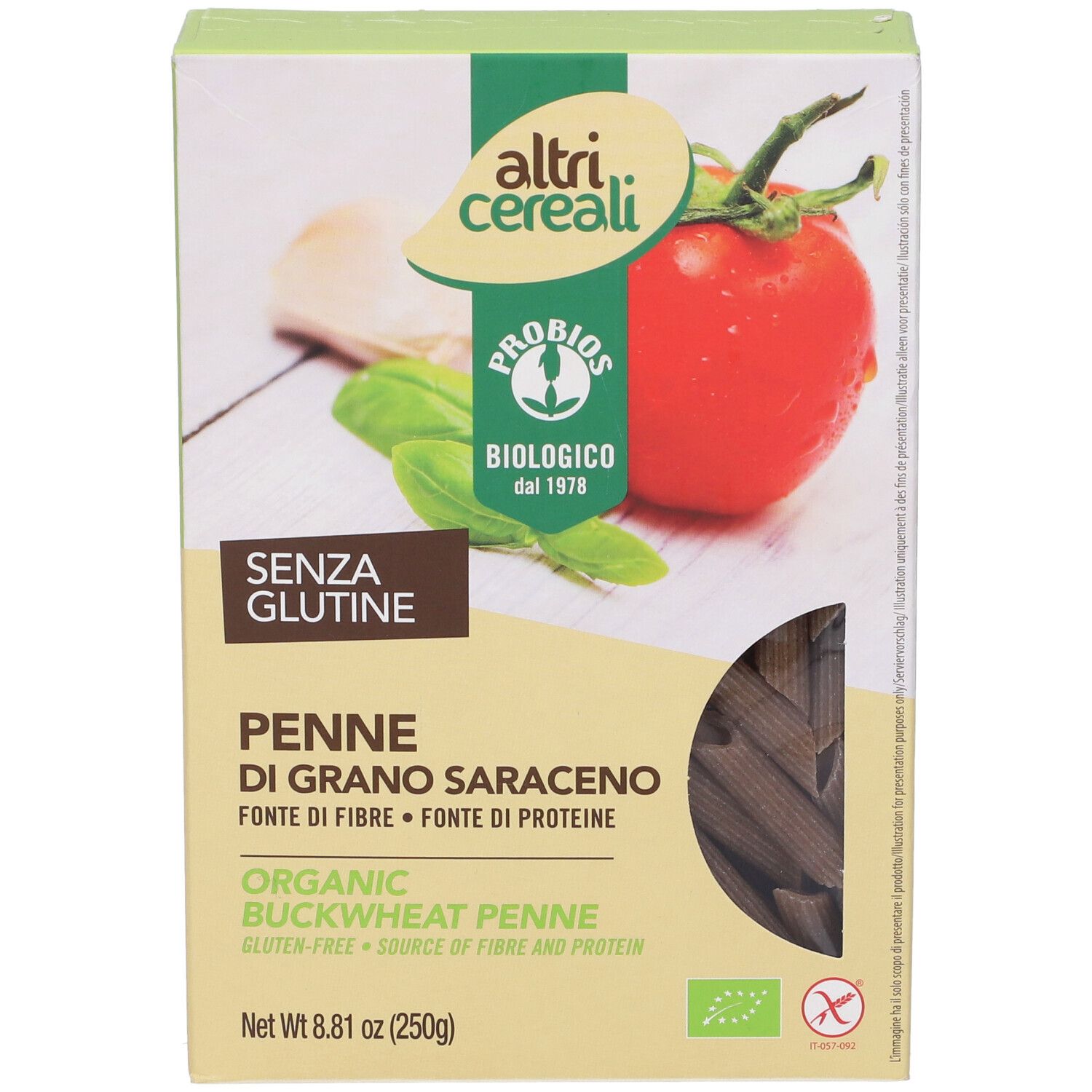 Confezione di Penne di Grano Saraceno Bio. Senza glutine. Illustrazione di pomodoro e basilico. Certificazione biologica.