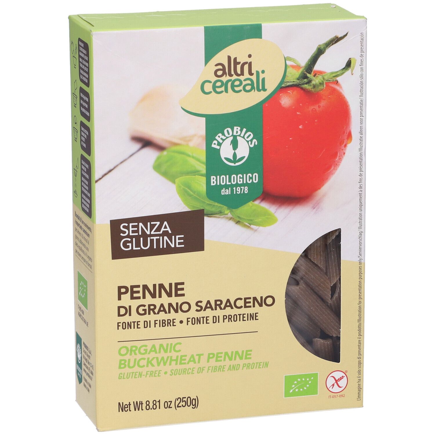 Confezione di Penne di Grano Saraceno Bio. Senza glutine. Illustrazione di pomodoro e basilico. Certificazione biologica.