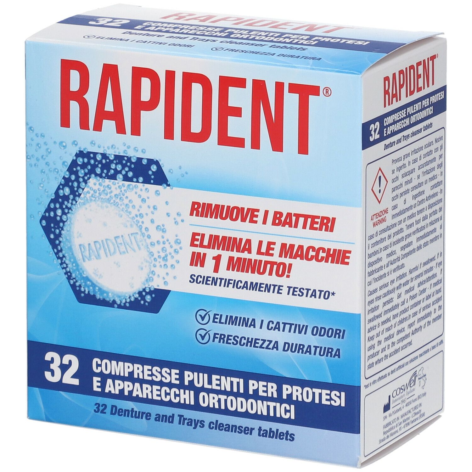 Scatola di compresse Rapident® per la pulizia di protesi e apparecchi ortodontici. 32 compresse. Confezione blu e bianca.