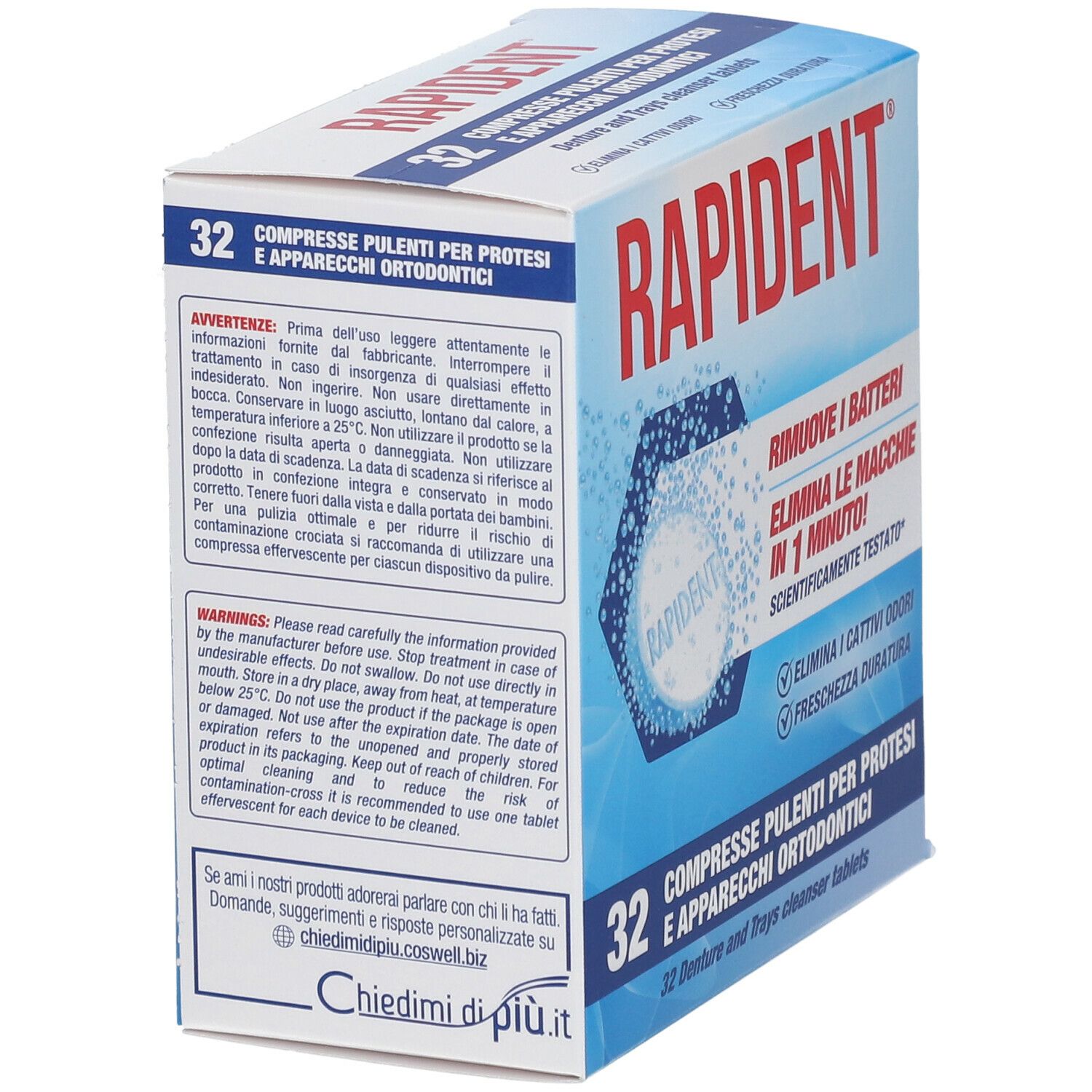 Scatola di compresse Rapident® per la pulizia di protesi e apparecchi ortodontici. 32 compresse. Testo e avvertenze.