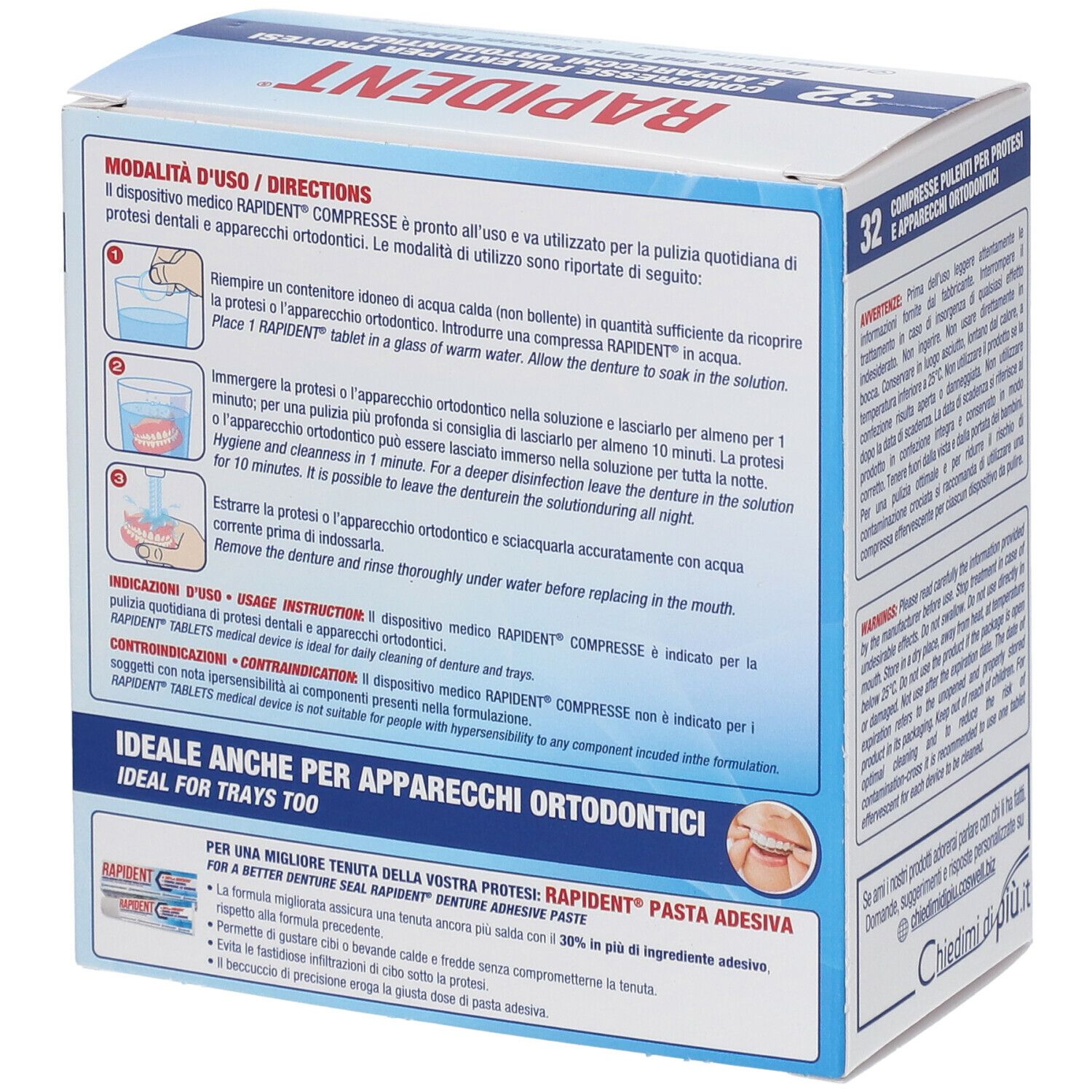 Retro della scatola Rapident®. Istruzioni per l'uso delle compresse per la pulizia di protesi e apparecchi ortodontici.