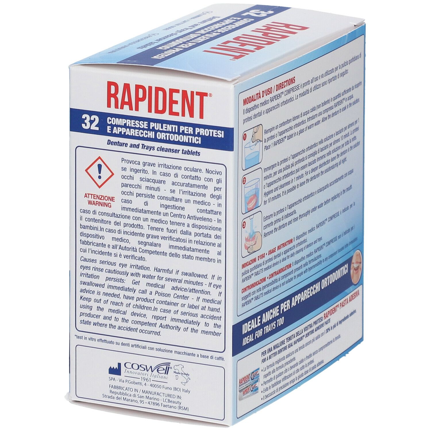 Retro della scatola Rapident®. Avvertenze e istruzioni per l'uso delle compresse per la pulizia di protesi e apparecchi ortodontici.