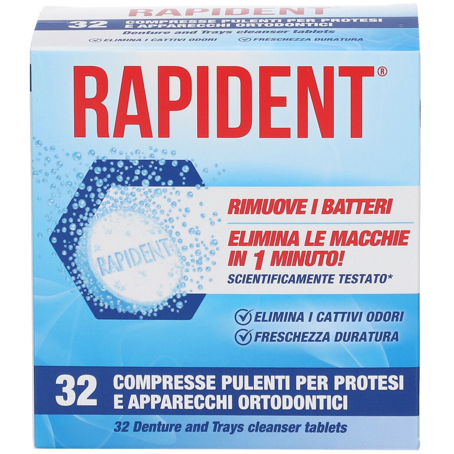 Scatola Rapident® di compresse per la pulizia di protesi e apparecchi ortodontici. 32 compresse. Confezione blu e bianca.
