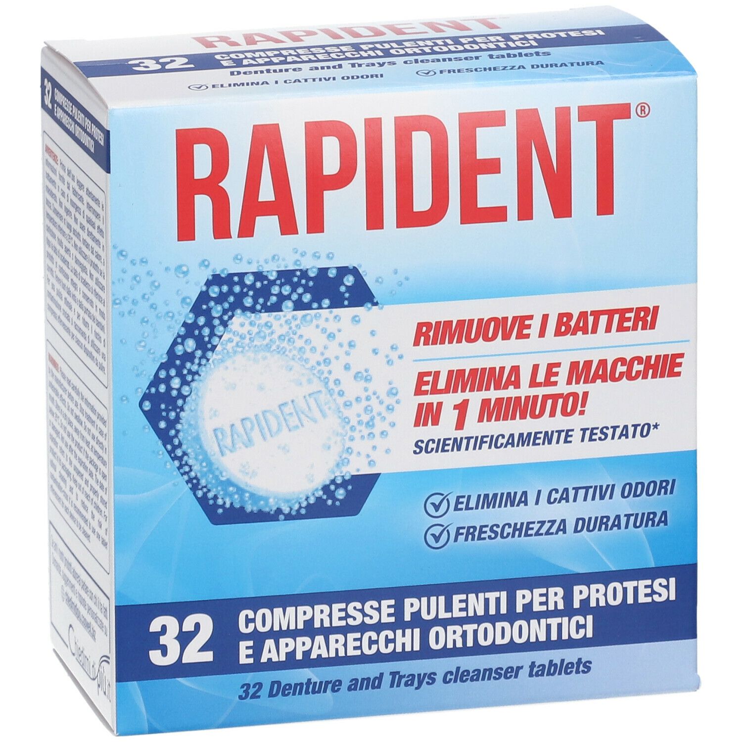 Scatola Rapident® di compresse per la pulizia di protesi e apparecchi ortodontici. 32 compresse. Confezione blu e bianca.