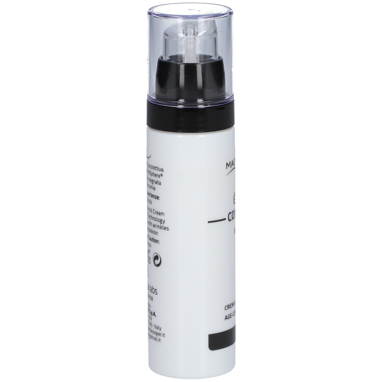 Dispenser bianco con tappo nero. Scritta: Ètas Control SPF 50. Marchio: Cosmetici Magistrali.
