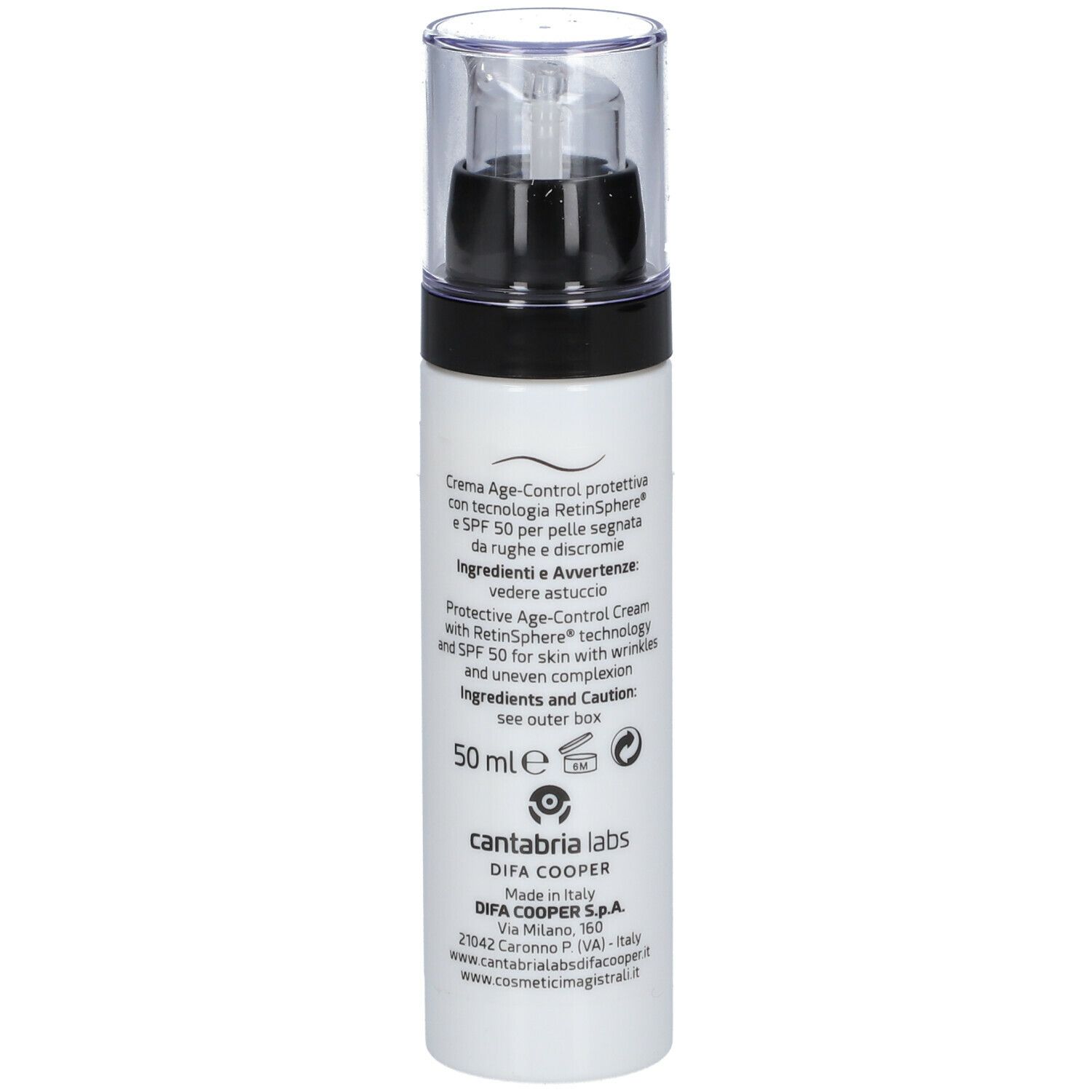 Dispenser bianco con tappo nero. Scritta: Ètas Control SPF 50. Marchio: Cosmetici Magistrali.