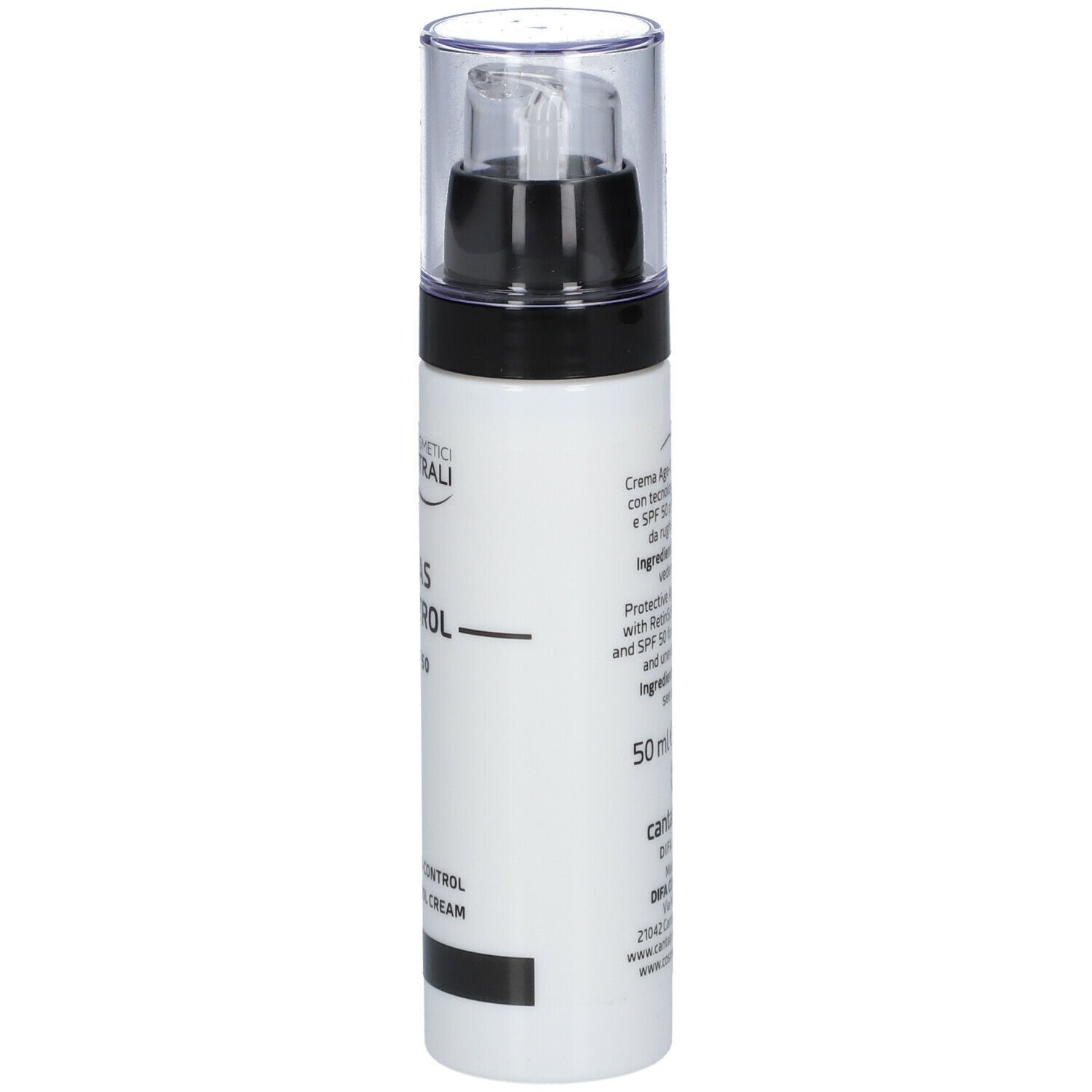 Dispenser bianco con tappo nero. Scritta: Ètas Control SPF 50. Marchio: Cosmetici Magistrali.