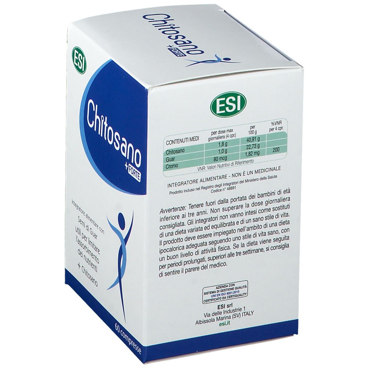 Scatola bianca con grafica blu e testo. ESI Chitosano + Forte. 60 compresse. Scritte in italiano.