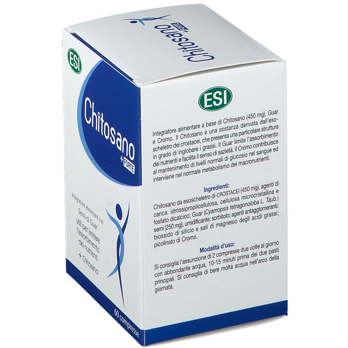 Scatola bianca con design blu e testo. ESI Chitosano + Forte. 60 compresse. Testo italiano.
