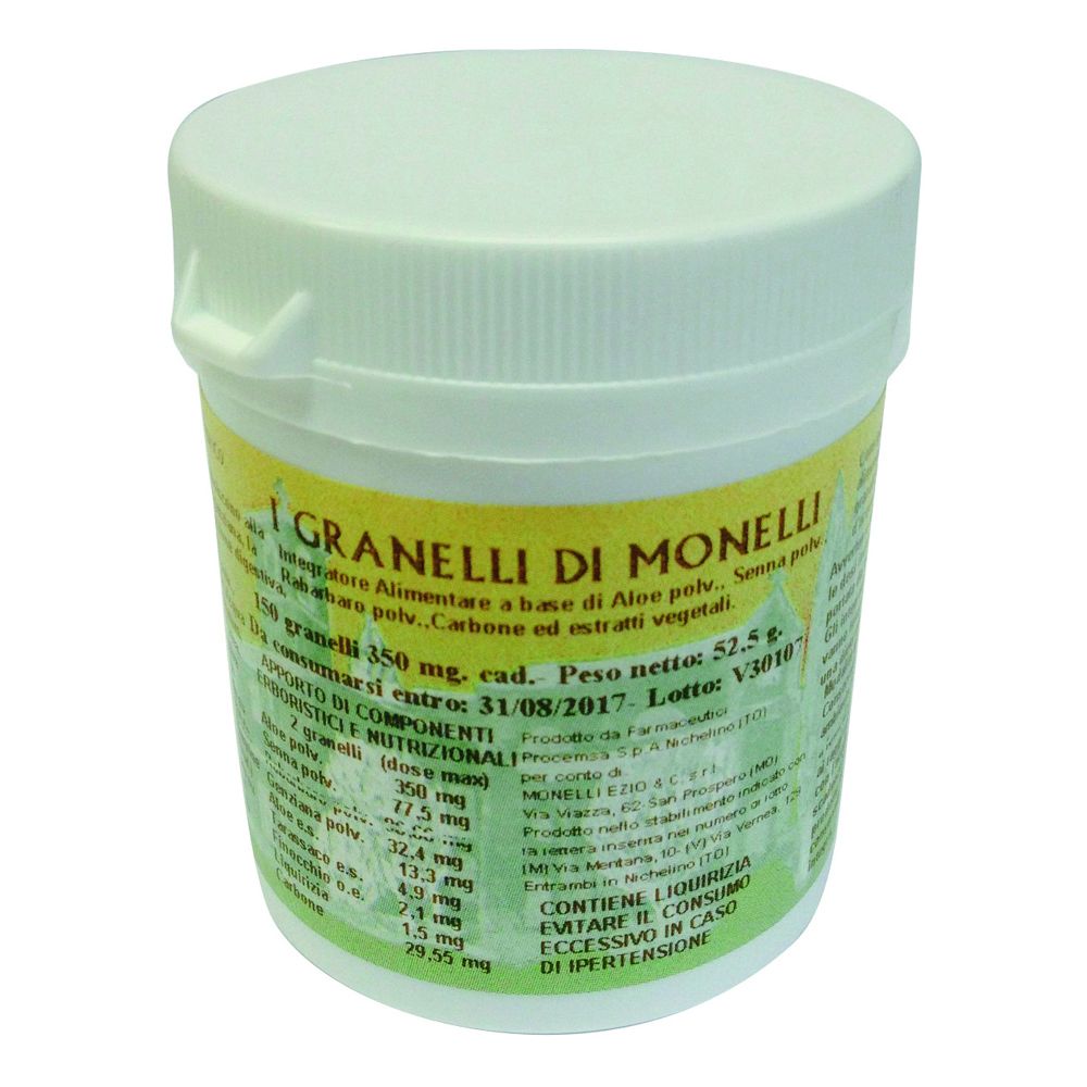 Prodotto cilindrico bianco con etichetta gialla. Testo: I Granelli di Monelli, ingredienti, peso 52,5g. Coperchio con chiusura.