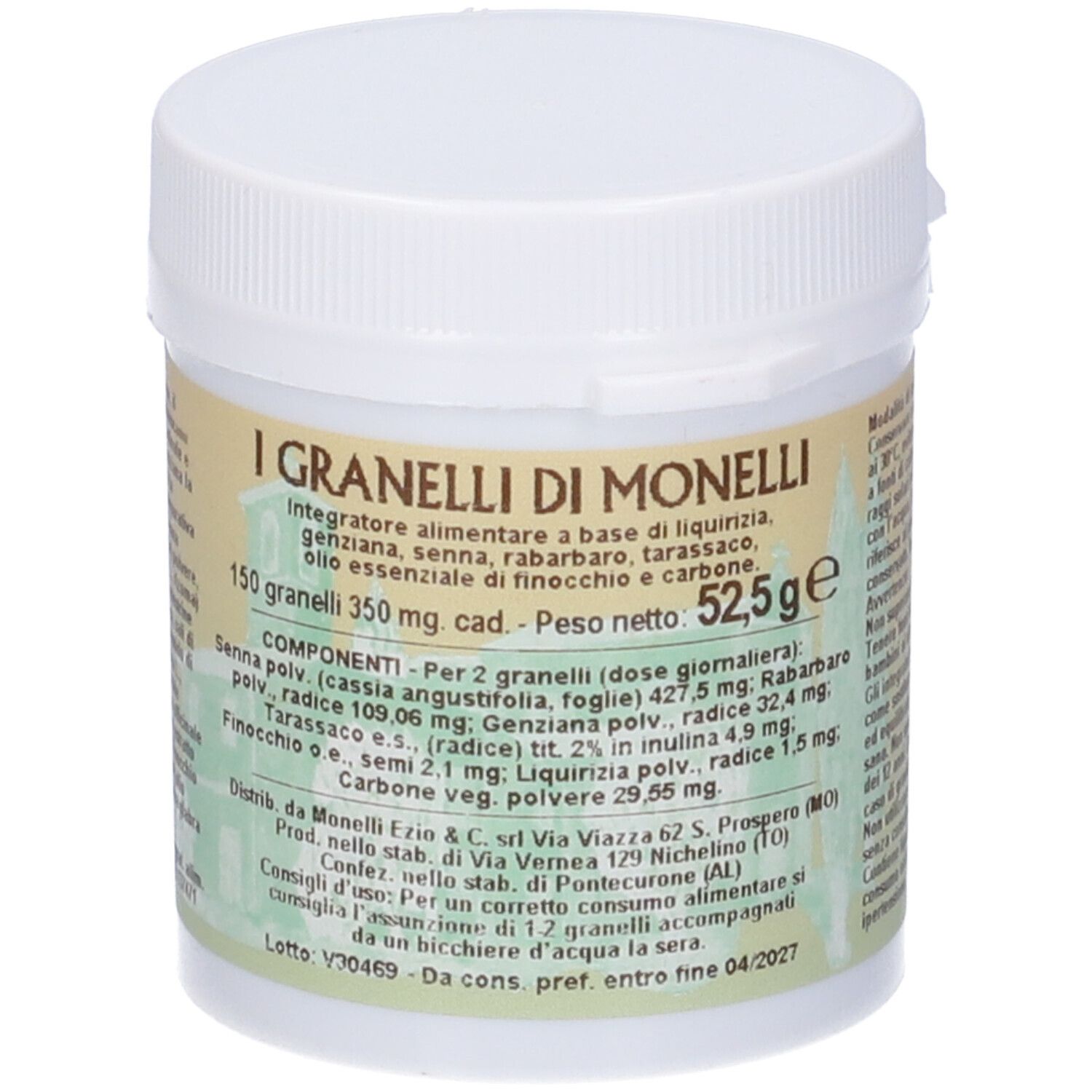 Prodotto cilindrico bianco con etichetta gialla. Testo: I Granelli di Monelli, ingredienti, peso 52,5g. Coperchio con chiusura.