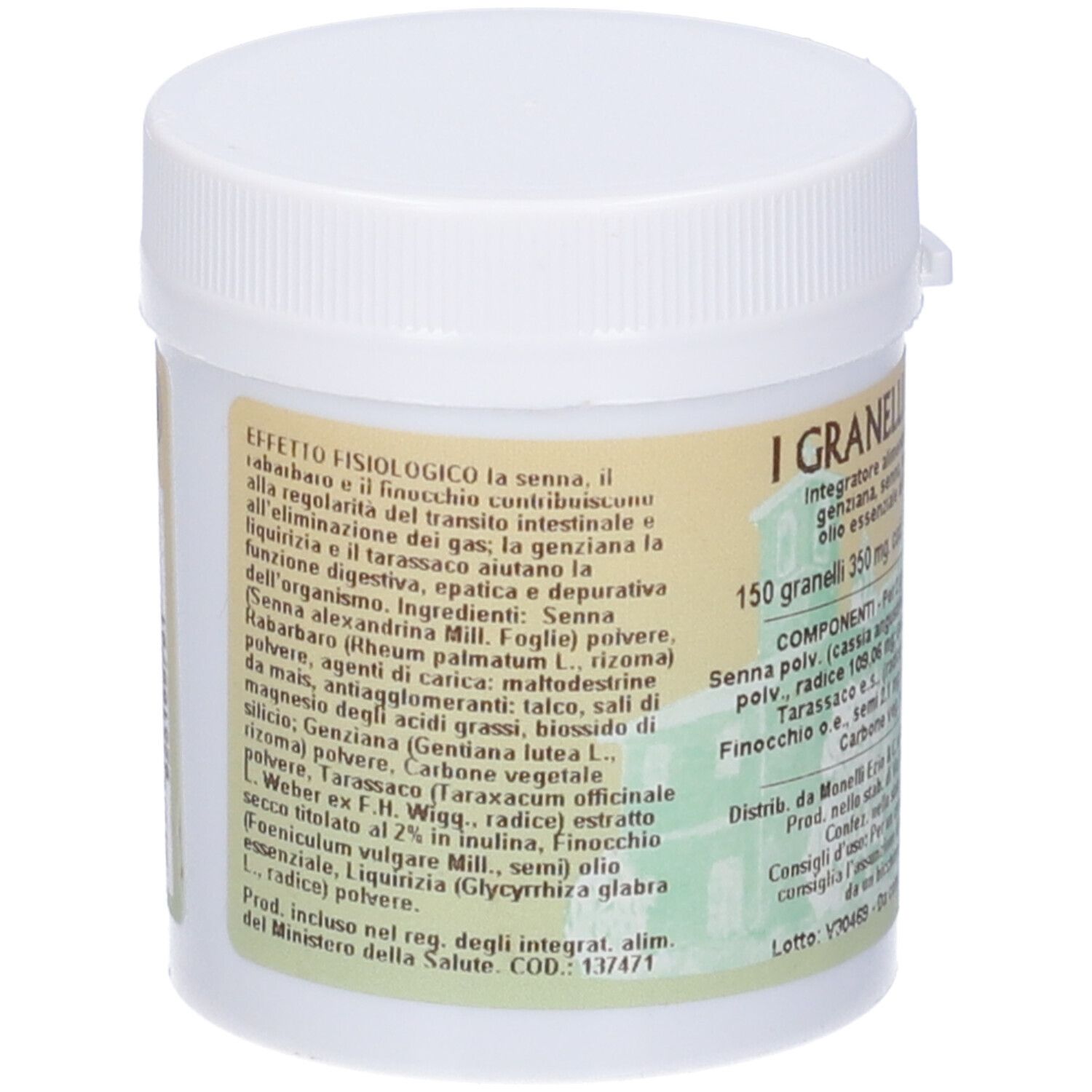 Prodotto cilindrico bianco con etichetta gialla. Testo: I Granelli di Monelli, ingredienti, peso 52,5g. Coperchio con chiusura.