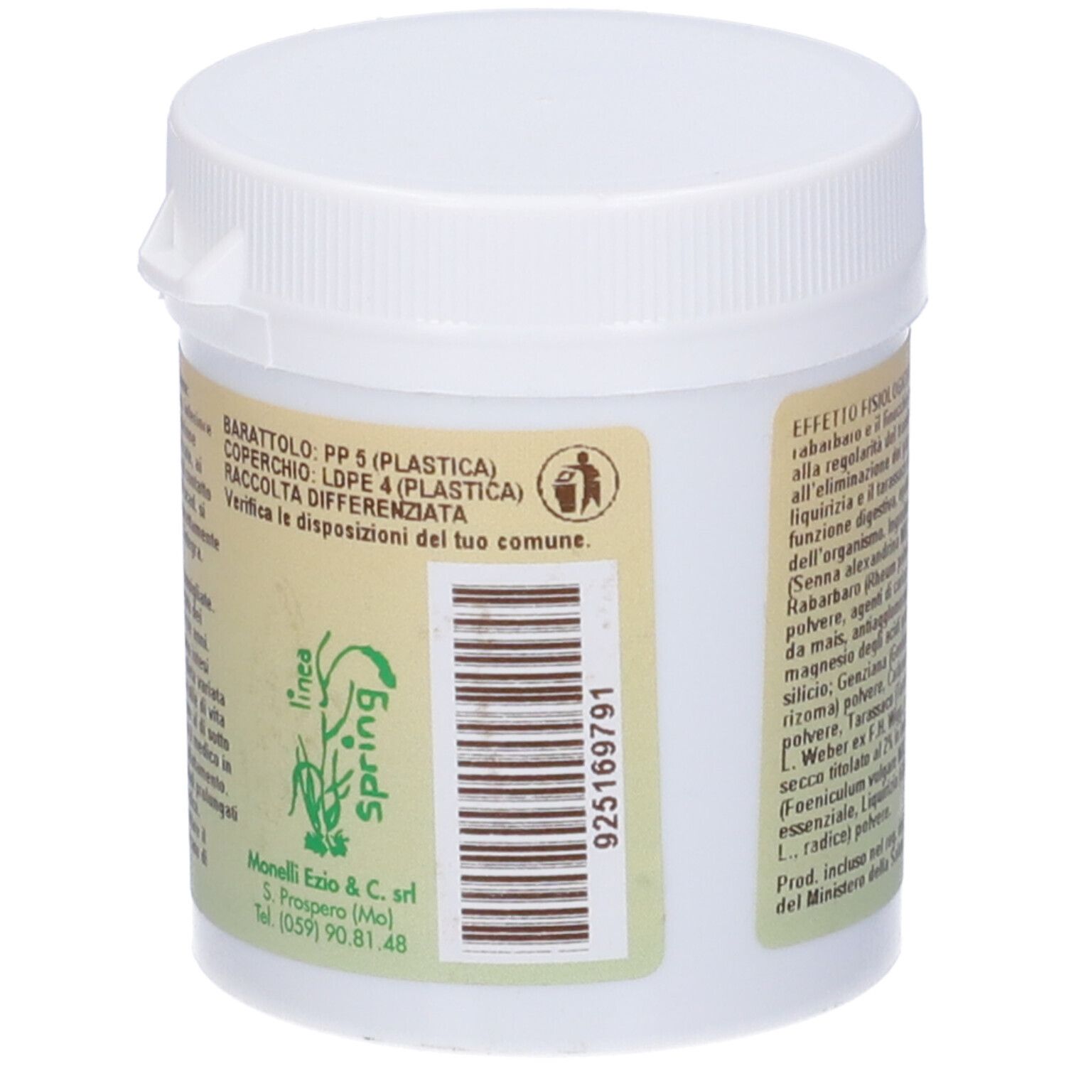 Prodotto cilindrico bianco con etichetta gialla. Testo: I Granelli di Monelli, ingredienti, peso 52,5g. Coperchio con chiusura.