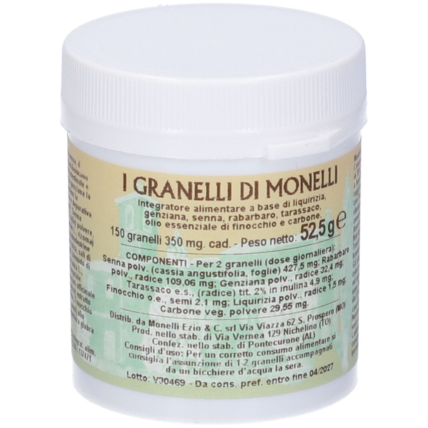 Prodotto cilindrico bianco con etichetta gialla. Testo: I Granelli di Monelli, ingredienti, peso 52,5g. Coperchio con chiusura.