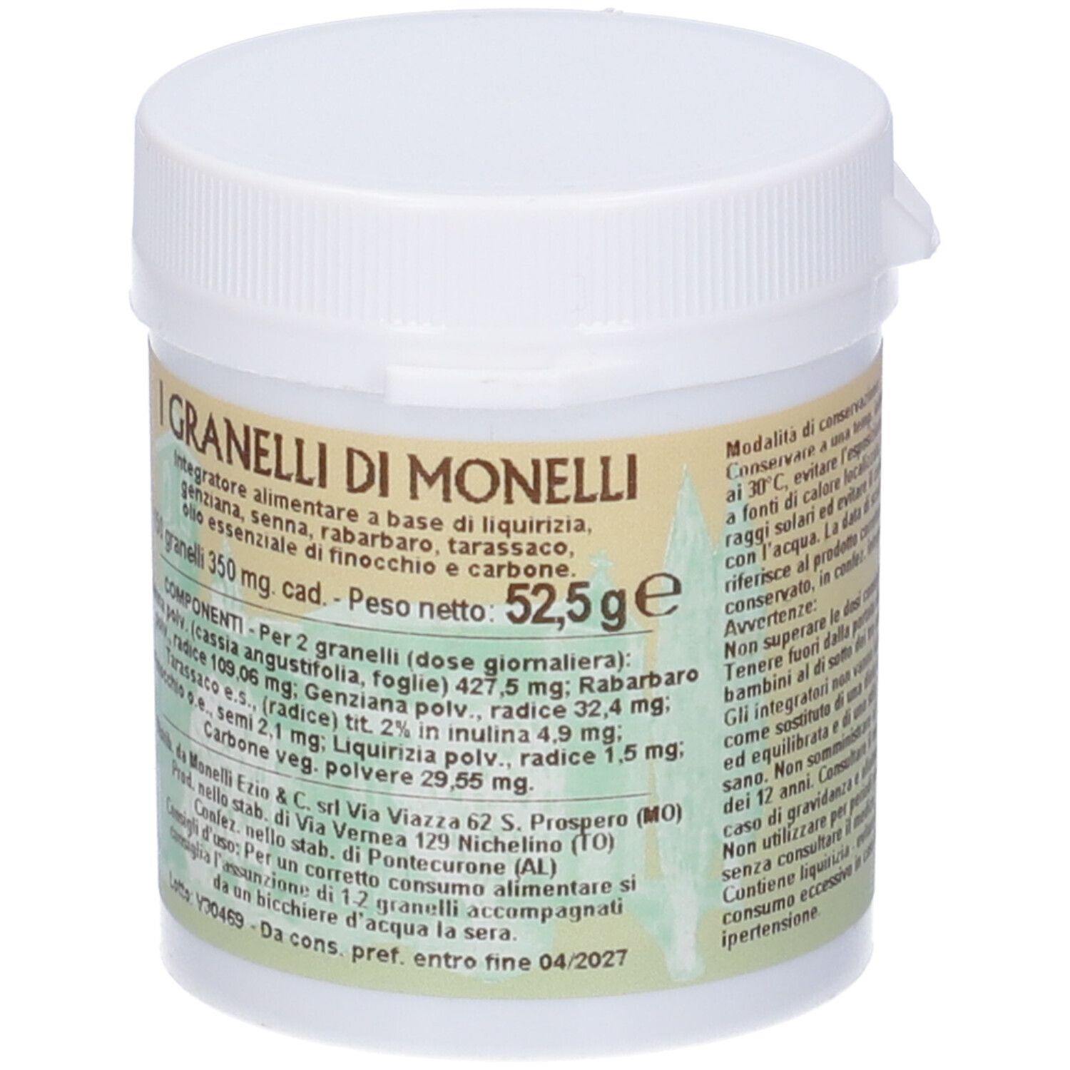 Prodotto cilindrico bianco con etichetta gialla. Testo: I Granelli di Monelli, ingredienti, peso 52,5g. Coperchio con chiusura.