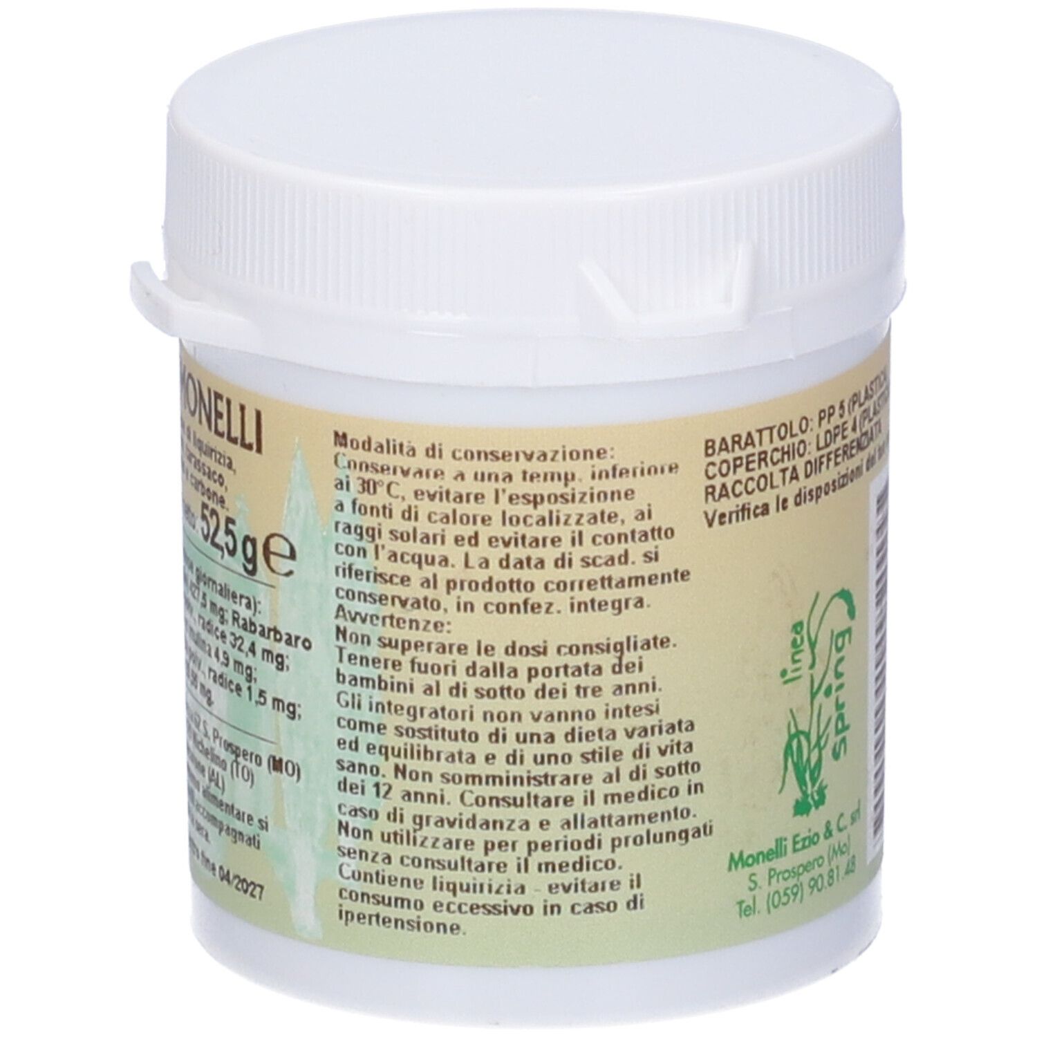 Prodotto cilindrico bianco con etichetta gialla. Testo: I Granelli di Monelli, ingredienti, peso 52,5g. Coperchio con chiusura.