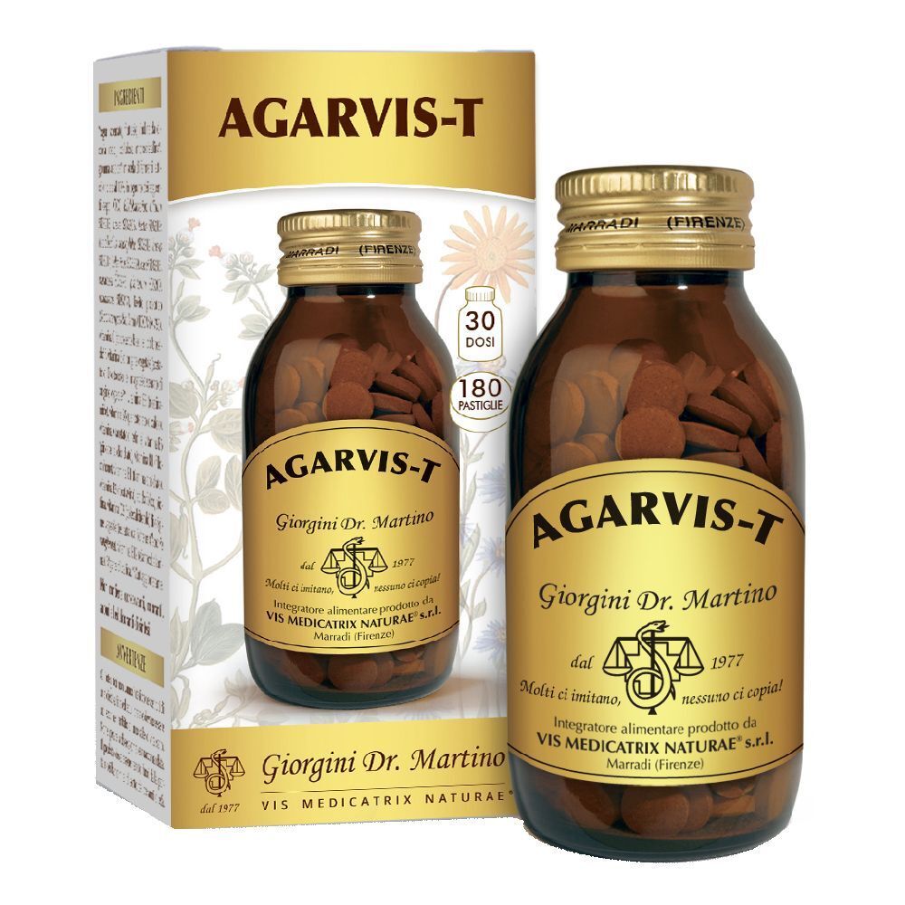 Braune Glasflasche mit Tabletten und Karton. Aufschrift: Agarvis-T, Giorgini Dr. Martino. 180 Pastiglie.