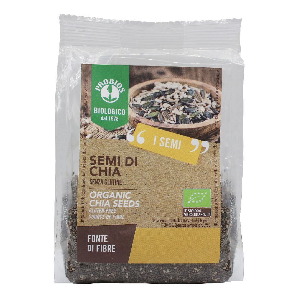 Confezione trasparente di semi di chia. Scritte: "SEMI DI CHIA", "SENZA GLUTINE", "ORGANIC CHIA SEEDS". Logo biologico.