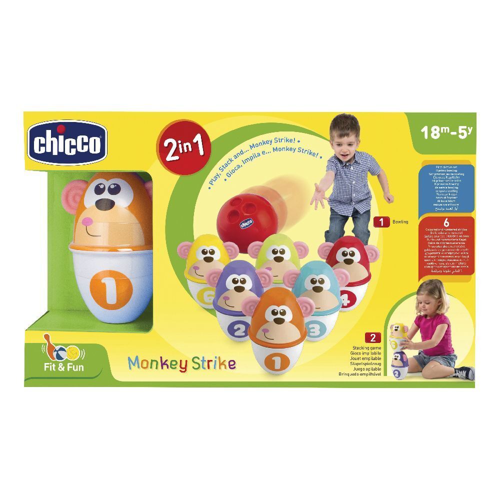 Confezione gioco con birilli a forma di scimmia e palla rossa. Marchio Chicco. Adatto a bambini dai 18 mesi in su.