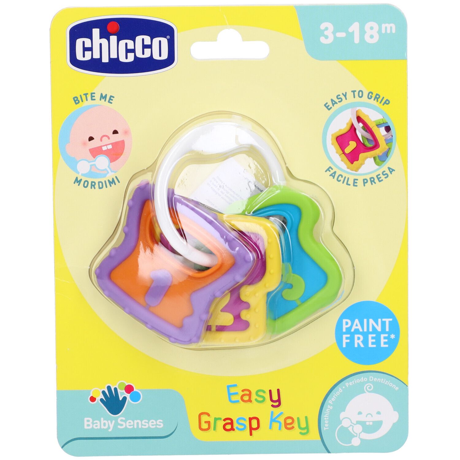 Chiavi giocattolo Chicco su confezione gialla. Chiavi multicolore con manico. Età consigliata: 3-18 mesi.