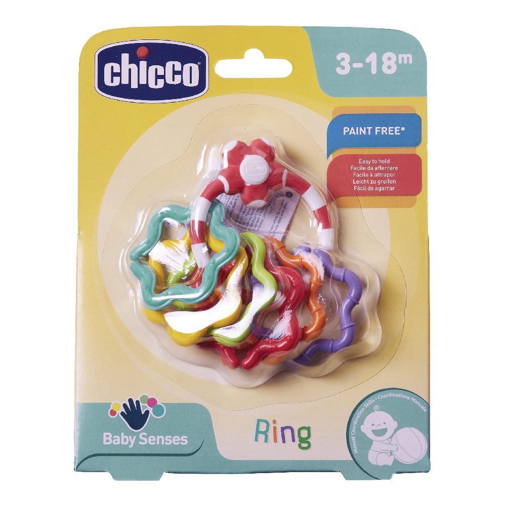 Giocattolo ad anello Chicco in confezione. Anelli multicolore, manico rosso. Età: 3-18 mesi. Baby Senses.