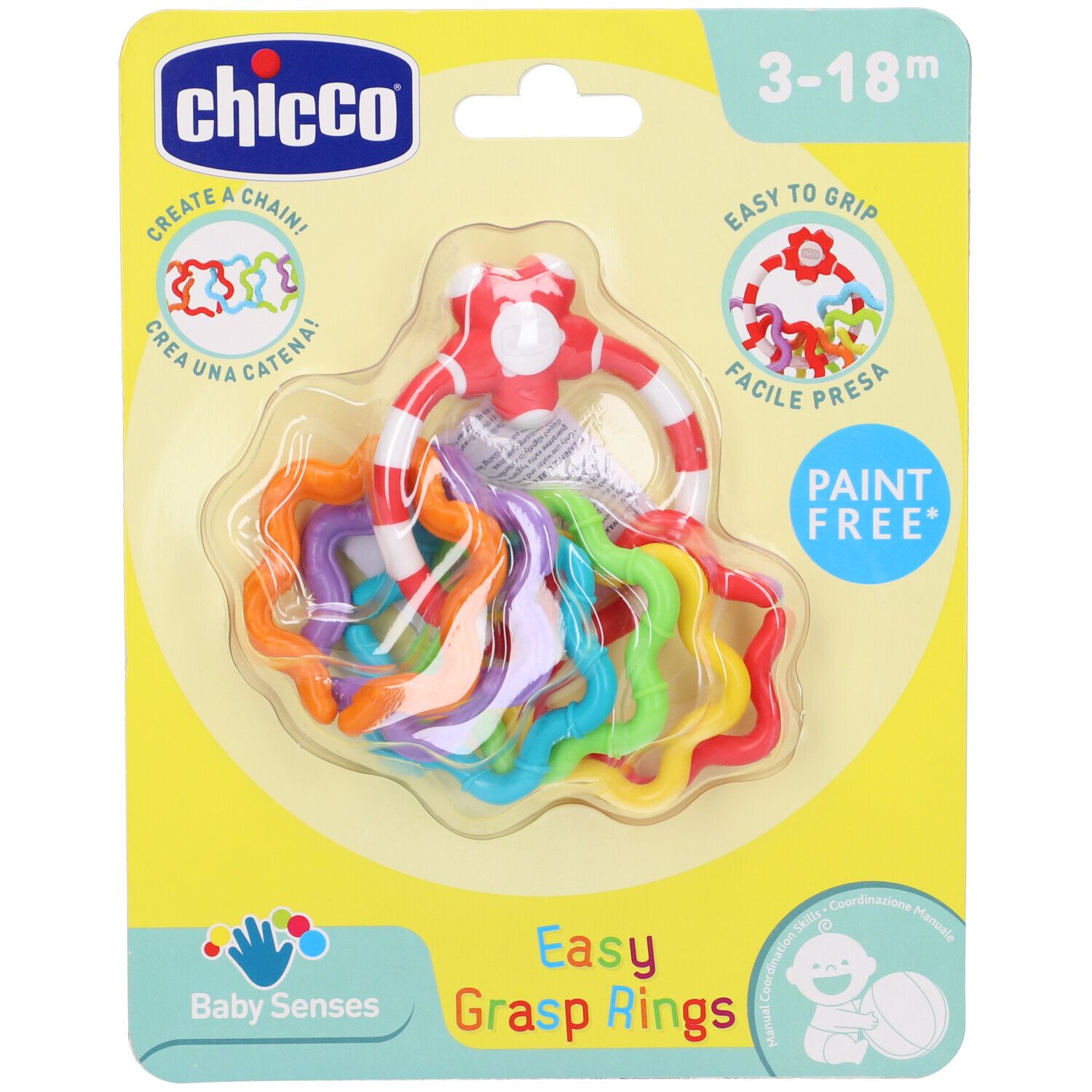 Giocattolo ad anello Chicco in confezione. Anelli multicolore, manico rosso. Età: 3-18 mesi. Baby Senses.