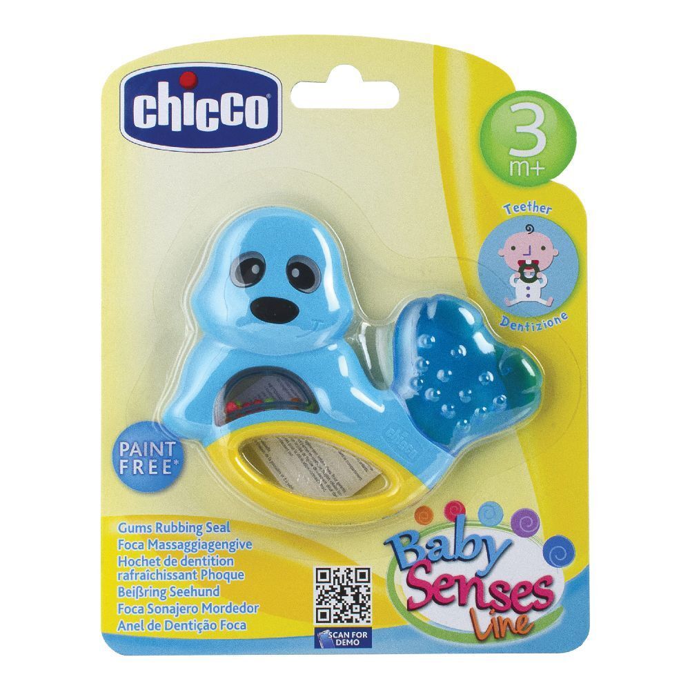 Massaggiagengive blu a forma di foca, confezionato. Marchio Chicco. Età 3m+. Testo: Baby Senses Line, Paint Free.