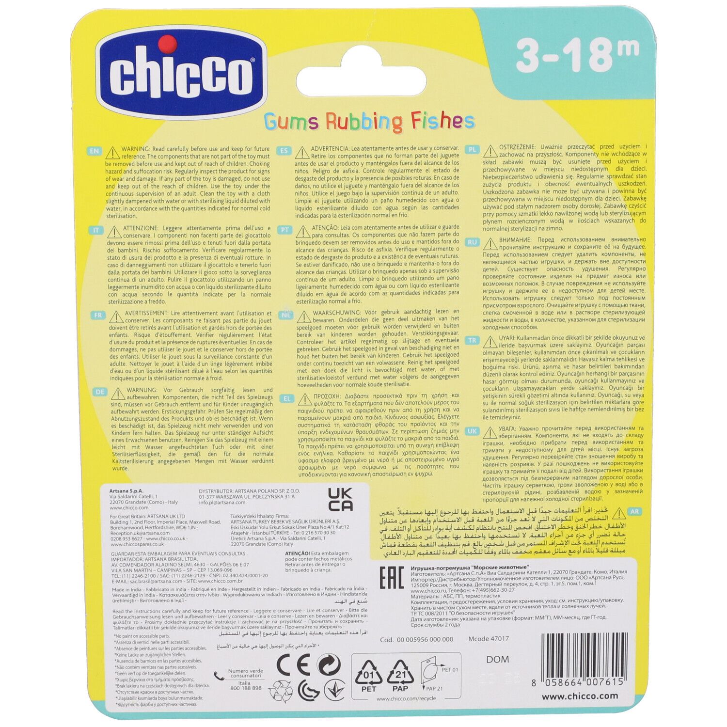 Retro della confezione blister con nome del prodotto e avvertenze multilingue.