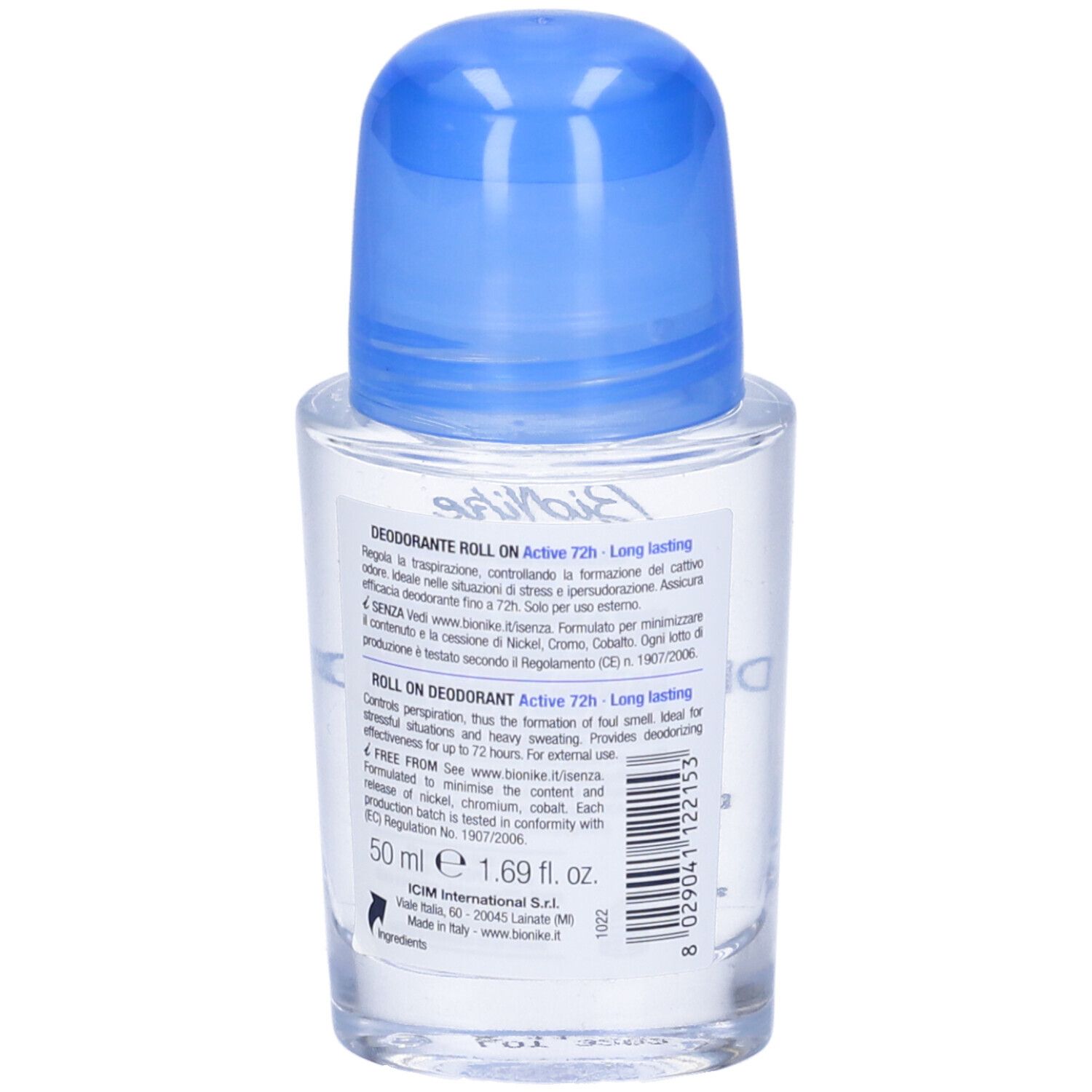 Roll-on Deodorant mit blauem Verschluss. Transparente Flüssigkeit in Glasflasche. 50 ml.