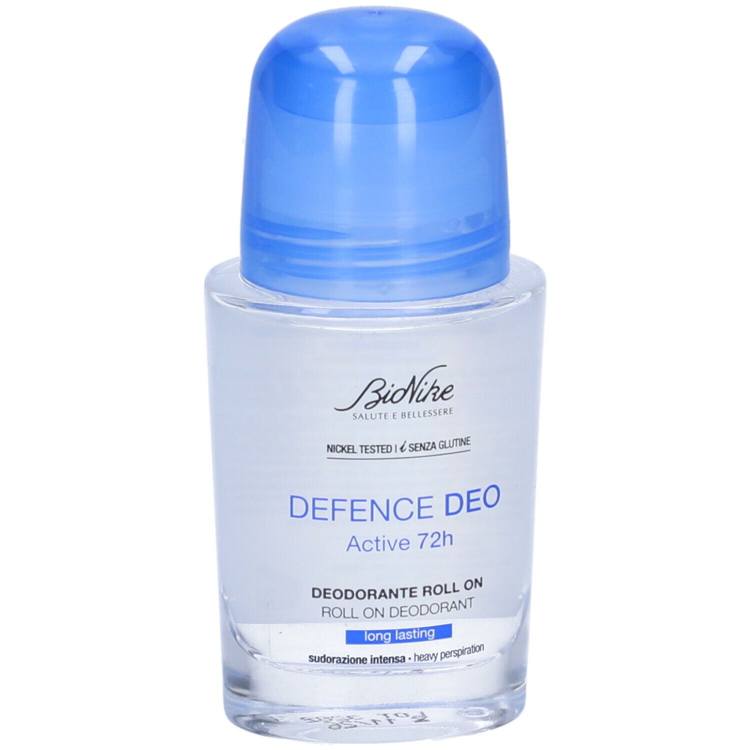 BioNike Defence Deo Roll-On mit blauem Verschluss. Transparente Flüssigkeit, 72h Schutz.