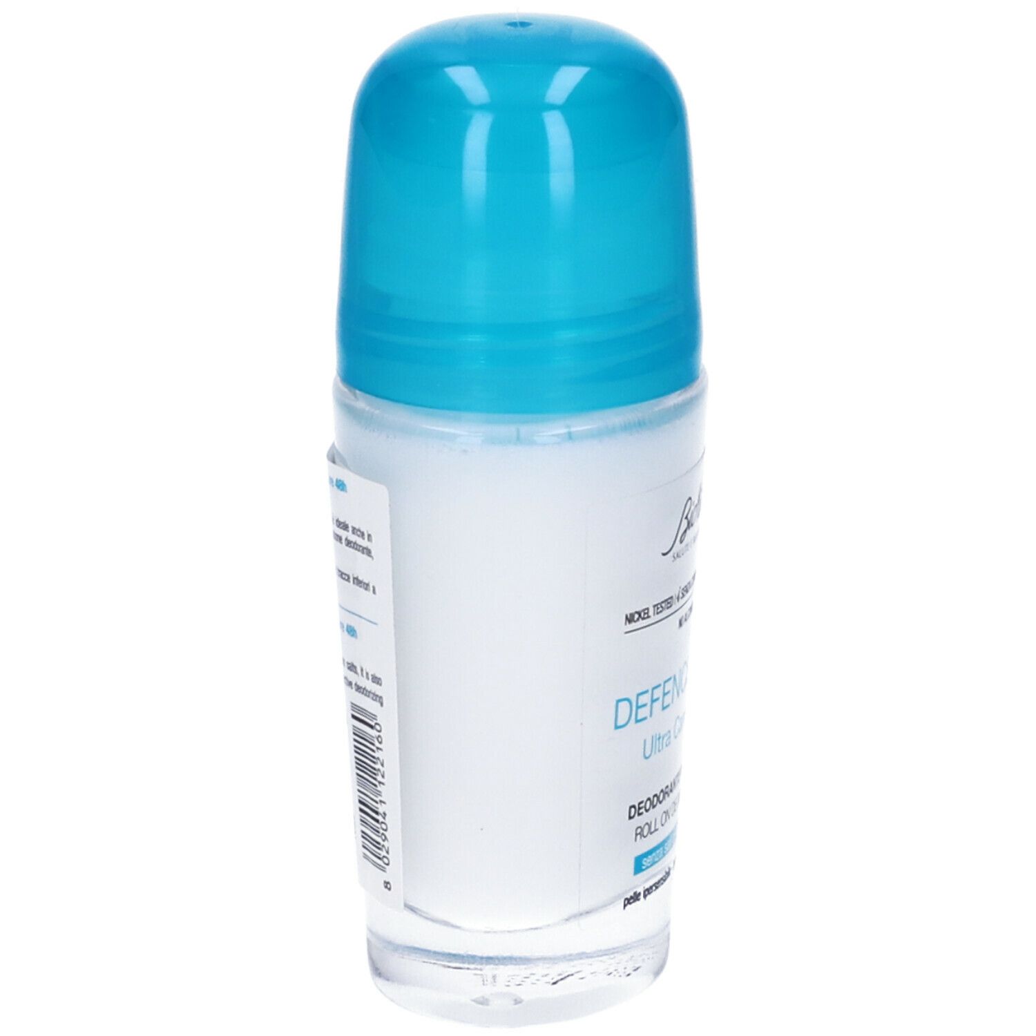 Deo-Roller, Seitenansicht. Blau-weiße Verpackung. Aufschrift: BioNike DEFENCE DEO. Für hypersensible Haut.