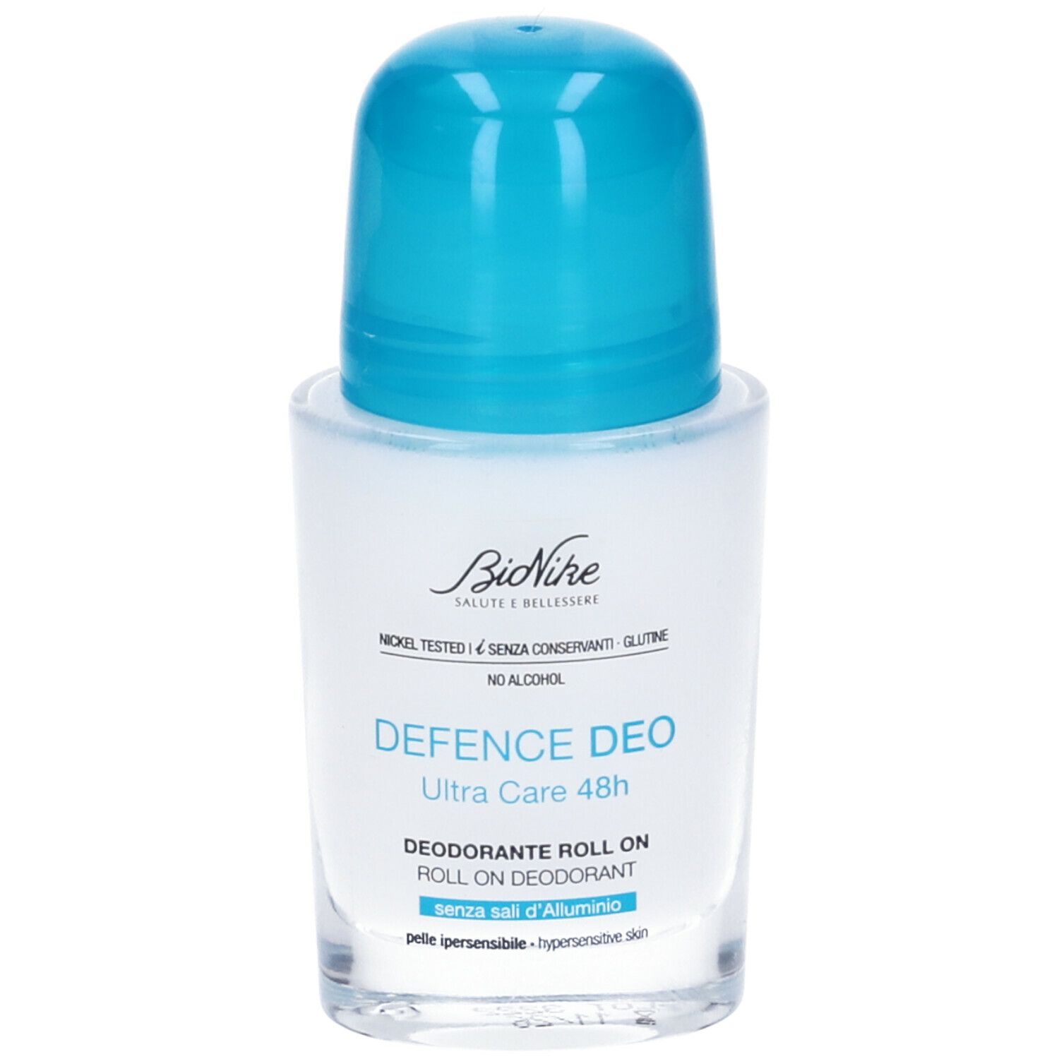 Deo-Roller mit blauem Deckel. Aufschrift: BioNike DEFENCE DEO Ultra Care 48h. Für hypersensible Haut.