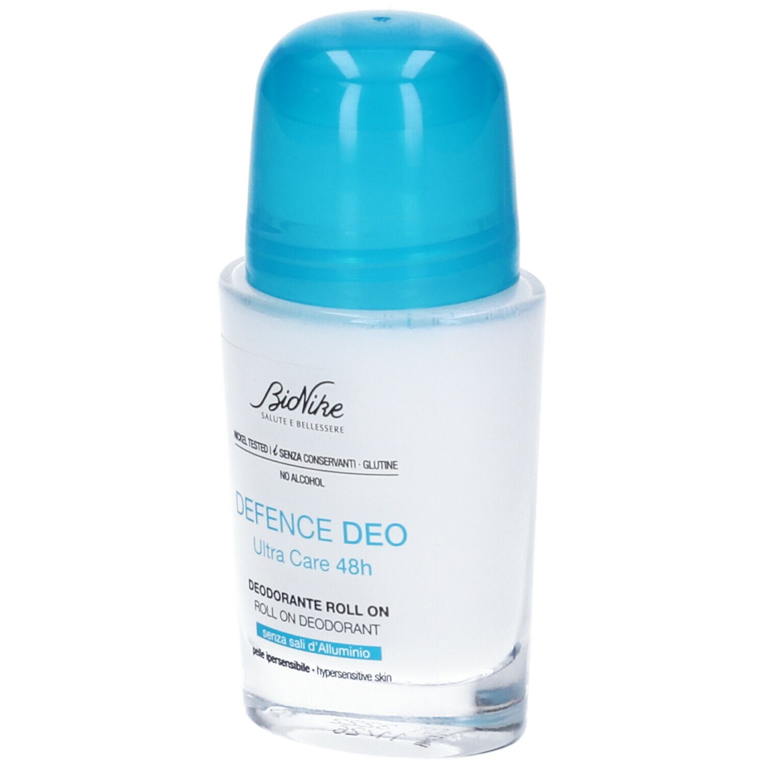Deo-Roller mit blauem Deckel. Aufschrift: BioNike DEFENCE DEO Ultra Care 48h. Für hypersensible Haut.